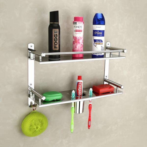 BATHROOM SHELVES :- Very Modern, Trendy & Attractive (Architectural Design) Completes Your Bathroom Or Living Room Decor And Enhances The Look Of Your WallsBATHROOM ORGANIZER VERSATILE RACK : Beautiful Nickel Finish Shelf, Adding Style To Any Bathroom. Package Contents: 1 Stainless Steel Shelf With Free Fitting Material InsideSTAINLESS STEEL BATHROOM RACK EASY INSTALLATION : 5 in 1 Multipurpose shelf is a masterpiece as it includes a wall mount bathroom shelf, tumbler holder & soap dish and hence there arises no need to purchase all this separately.BATHROOM SHELF CONVENIENT : Premium glossy finish creates a simple but elegant look, which reflects contemporary style, build to resist daily scratches, corrosion and tarnishingBATHROOM ACCESSORY STURDY AND PRACTICAL DESIGN : A made in India 3 in 1 Storage Shelf is perfect for bedroom,living room, office, many more items as per your requirements