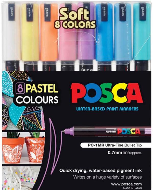 Package Includes : POSCA 1M Bullet Shaped Soft Colour Water Based Paint Pen | Tip Size: 0.7 mm | Ink Colour : Soft Multicolour Pastel Shades | Size : Pack of 8Precise : Its calibrated tip produces a clear, regular and refined line | Consistent : The line will not vary and the effect is always perfect | Convenient : the cap fits on the end of the marker in use, like a pen.Designed for amateurs and professionals looking for an ultra-fine, dense line, it offers a rich palette of colour effects.The PC-1MR is ideal for creative professionals,graphic designers creating roughs, technical drawings and sketches, creative hobbyists, scrapbooking, card makers and artists adding finishing touches, details and contours with absolute precision.