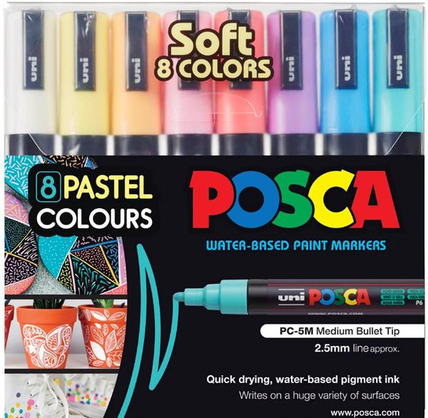 Package Includes : uni-ball Posca 5M Bullet Shaped Soft Pastel Color Water Based Paint Marker Pen Set | Tip Size - 1.8-2.5 mm | Mechanism - Click-off Cap | Ink Color - Multicolor Pastel Shades | Size - Pack of 8.It contains water-based pigment ink which is lightfast, water-resistant & will write on almost any surface.Posca markers are non-toxic, which means our pigment formula does NOT contain alcohol like other markers, each Posca marker is water-based which means it’s alcohol-free, waterproof & still lightfast.Posca paint markers have been professionally tested & used on over 50 different surface types, which means you’re covered whether you’re using a canvas, fabric, acrylic, metal, surfboard, rocks, windshields, or anything else.Posca paint pens were designed for the creative minded, use our markers for decorating photos, glass writing, skateboarding, t-shirt designs, coloring potted plants, rock painting, embellishing caps & more.Uniball Posca Paint Markers PC-5M, 8 set Soft Colors8-pack with Posca PC-5M markers in pastel tones.The markers have a round tip in the size 1.8-2.5 mm and are filled with opaque water-based paint.The markers are perfect for everything from paper to canvas, stone or glass.You can even paint on fabric with Posca markers.This set contains the following colors: White, Sunshine Yellow, Apricot, Light Blue, Lavender, Light Pink, Coral pink and Aqua Green.Ideal for creating detailed and expressive illustrations with a soft and pastel color palette.Perfect for crafts and DIY projects, allowing customization of objects with a subtle and artistic touch.Suitable for creating visually appealing posters, signs, and banners with a gentle and muted color scheme.Perfect for visual journaling, enabling users to add soft and soothing colors to their journals.Great for customizing accessories, such as phone cases, bags, and shoes, with a soft and elegant look.Country of Origin: Japan