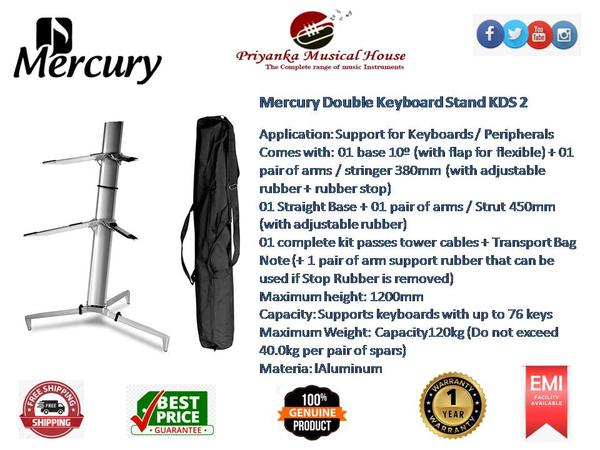 Double Keyboard StandApplication: Support for Keyboards / PeripheralsComes with: 01 base 10º (with flap for flexible) + 01 pair of arms / stringer 380mm (with adjustable rubber + rubber stop)01 Straight Base + 01 pair of arms / Strut 450mm (with adjustable rubber)01 complete kit passes tower cables + Transport BagNote (+ 1 pair of arm support rubber that can be used if Stop Rubber is removed)Maximum height: 1200mmCapacity: Supports keyboards with up to 76 keysMaximum Weight: Capacity120kg (Do not exceed 40.0kg per pair of spars)Materia: lAluminum