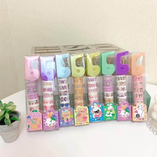 Variety of Designs: The set includes 8 rolls of washi tape, each featuring different patterns and colors to cater to diverse crafting and decorating needs.High-Quality Material: Made from premium washi paper, these tapes are durable, easy to tear, and repositionable without leaving a residue.Tape Dispenser Included: Comes with a convenient tape dispenser designed for easy cutting and application of the washi tapes.Perfect Width: Each roll typically measures around 16mm in width, ideal for both detailed and broad applications in planners, journals, and crafts.Versatile Use: Suitable for a variety of purposes including scrapbooking, gift wrapping, card making, and personalizing everyday items.Easy to Use: The washi tape is easy to peel and stick, making it user-friendly for all ages, including kids and beginners.Reusable Dispenser: The included dispenser is reusable and can be refilled with new washi tape rolls, making it an eco-friendly option.Portable and Compact: The set is compact and lightweight, making it easy to carry and store, perfect for on-the-go crafting.