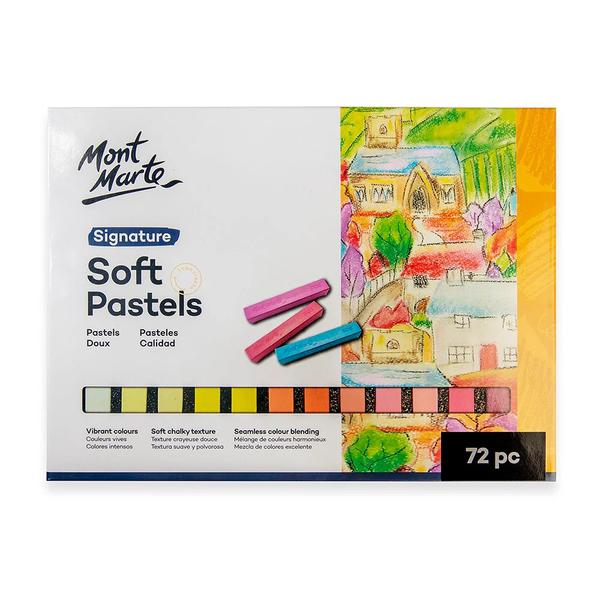 relate vibrant artworks and tonal effects using our soft pastels 72pc. This set comes with a whopping 72 bright colours that offer a soft chalky texture for smooth application. These pastels can be used to create a range of effects from seamless blending to blocking out large areas of colour and drawing fine lines. Our art pastels can also be used on a variety of surfaces, including textured paper, coloured paper and card. So, whether you're looking to create a drawing, sketch or mixed media masterpiece these soft pastels will help bring your next artwork to life.Includes 72 Bright Colors: White, Pale Yellow, Pastel Yellow, Lemon Yellow, Cadmium Yellow, Yellow, Sand, Salmon, Apricot, Cantaloupe, Sunflower Yellow, Indian Orange, Tangerine, Cadmium Orange, Vermilion, Scarlet, Old Mauve, Fluorocent Pink, Coral, Pink Rose, Rose, Carnation, Hot Pink, Fuchsia, Maroon, Violet, Purple, Lavender, Cornflower, Periwinkle, Cobalt Blue, Prussian Blue, Navy Blue, Sky Blue, Cerulean Blue, Aegean, Aquamarine, Turquoise, Seafoam, Teal, Emerald Green, Aqua, Mint, Monastral Green, Leaf Green, Sap Green, Forest Green, Fern Green, Olive Green, Olive Drab, Moss Green, Khaki, Naples Yellow, Ochre, Yellow Ochre, Ginger, Raw Sienna, Burnt Sienna, Red Ochre, Terracotta, Burnt Ochre, Red, Oxide, Burnt Umber, Raw Umber, Warm Grey, Taupe, Cool Grey, Mid Grey, Neutral Grey, Blue Grey, Prussian Grey, Lamp BlackSoft, powdery texture for seamless color blendingFill in large areas using the pastel side or create fine lines using the pastel edgesSuitable for use with pastel pencils and charcoalIdeal for use on card, textured paper and colored paperNon-toxicHandy hints:Blend colors with your fingers or paper stumpUse a kneadable eraser to create highlightsTechniques:Mixed-media applications, Hatching, Cross hatching, Blending, Scumbling, Layering.