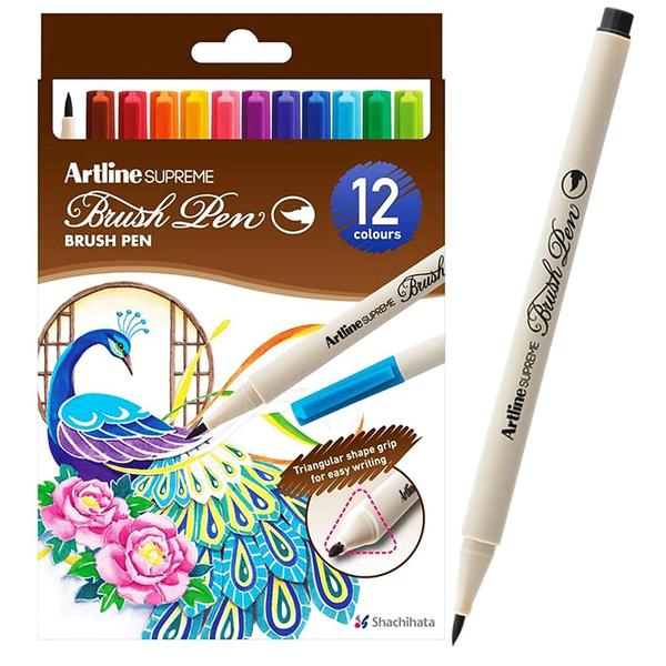 BRUSH STYLE – FLEXIBLE BRUSH NIBPOPULAR CHOICE FOR ARTISTS & CALLIGRAPHERSWATER-RESISTANT, QUICK-DRYING INK & COMFORTABLE DESIGNTRAINGULAR SHAPE GRIP FOR EASY WRITINGFLEXIBLE BRUSH NIB CAN CREATE FROM EXTRA-FINE TO MEDIUM LINE BY CHANGING PEN PRESSUREIDEAL FOR DRAWING AND COLOURINGThe Artline Supreme Brush Pen is known for its flexible brush tip, which allows for varying line widths and expressive strokes. It’s also water-resistant and has a quick-drying ink, making it suitable for various art and design applications. Additionally, the pen is designed to be comfortable to hold and use for extended periods, making it popular among artists, illustrators, and calligraphers.The Artline Supreme Brush Pen is a popular choice for artists and calligraphers due to its flexible brush tip, which allows for varied line widths and expressive strokes. It’s also known for its water-resistant and quick-drying ink, making it suitable for different art and design projects. The pen is comfortable to hold and offers consistent ink flow, making it a favorite tool for creating artwork, illustrations, hand lettering, and more.Flexible Brush Tip: The pen’s flexible brush tip allows for versatile line widths and expressive strokes, making it suitable for various artistic styles and techniques.Water-Resistant Ink: The pen’s ink is water-resistant, which means it won’t smudge or bleed when used with water-based media, making it ideal for watercolor and mixed media artwork.Quick-Drying: The quick-drying ink ensures that your artwork remains smudge-free and allows for layering and blending without waiting for extended drying times.Comfortable Design: The pen is designed to be comfortable to hold, making it suitable for extended periods of use, which is beneficial for artists and calligraphers working on detailed projects.Versatility: The Artline Supreme Brush Pen is suitable for a wide range of applications, including illustration, hand lettering, coloring, sketching, and more, making it a versatile tool for artists and creatives.