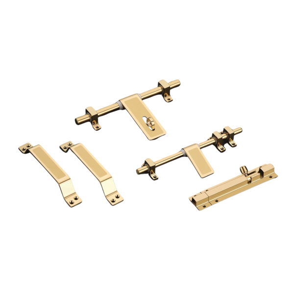 Enhance your door's security and aesthetics with our Premium Door Kit, designed for those who value both durability and style. This premium kit includes 1 Main AL Drop, 2 Sleek Handles, 2 AL Drop Clamps, 1 Door Stopper, 1 Towerbolt, and 1 Latch Handle with 3 Clamps. The kit's components are meticulously finished in luxurious Gold PVD or Rose Gold PVD, providing a sophisticated touch that complements any decor.All elements, except the door stopper and towerbolt, boast this elegant finish, ensuring a cohesive look throughout. Crafted from high-quality materials, this door kit not only enhances your door's appearance but also ensures long-lasting performance and security. The embossed design on the AL drop, handles, and clamps adds a refined texture, making your door stand out with a touch of elegance.Perfect for new installations or upgrading existing doors, this kit offers a complete solution that combines functionality, durability, and style. Choose the Premium Door Kit for an upgrade that will leave a lasting impression