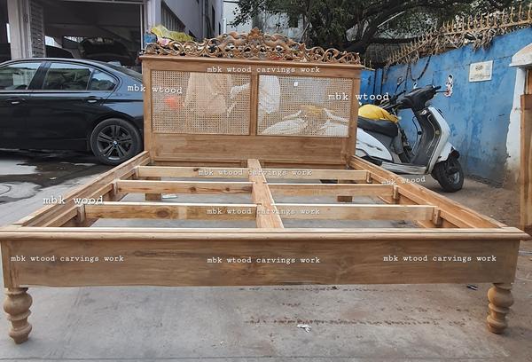 wooden teak wood old design carving double bed best hand made bed design size normal, wood quality Indian teak with back cane model