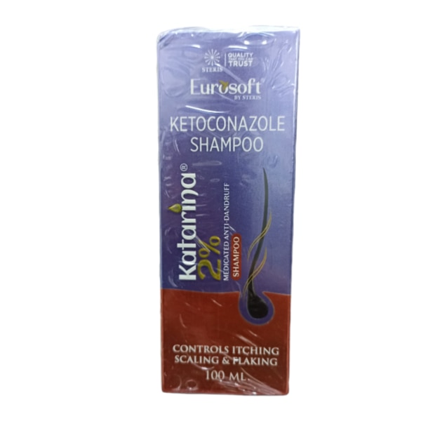 KATARINA SHAMPOO 2%KETOCONAZOLE IP SHAMPOO 2% MEDICATED ANT-DANDRUFFKATARINA SHAMPOO 2% is a specialized medicated shampoo designed to combat dandruff and related scalp conditions. Formulated with Ketoconazole IP 2%, this shampoo is an effective treatment for various fungal infections of the scalp, providing relief from itching, flaking, and inflammation. KATARINA SHAMPOO 2% not only addresses the root cause of dandruff but also helps in maintaining a healthy scalp, leaving your hair clean, soft, and manageable. Key Ingredients: Ketoconazole IP 2%: Ketoconazole is a potent antifungal agent that targets the fungi responsible for dandruff and seborrheic dermatitis. This ingredient helps in reducing scalp inflammation and preventing the recurrence of dandruff. Key Benefits: Treats Dandruff and Fungal Infections: The active ingredient, Ketoconazole, effectively treats dandruff and fungal infections of the scalp, providing relief from persistent itching and flaking.Prevents Recurrence: Regular use of KATARINA SHAMPOO 2% helps in preventing the recurrence of dandruff, ensuring a healthier scalp over time.Reduces Scalp Inflammation: The antifungal properties of Ketoconazole also help in reducing scalp inflammation, which is often associated with dandruff and seborrheic dermatitis.Improves Scalp Health: By treating the underlying causes of dandruff, this shampoo promotes overall scalp health, leaving hair clean and fresh. How Does It Work? KATARINA SHAMPOO 2% works by targeting the cell membranes of the fungi responsible for dandruff and other scalp infections. Ketoconazole disrupts the fungal cell membranes, leading to the death of the fungi and a significant reduction in dandruff and associated symptoms. Its anti-inflammatory properties help in soothing the scalp, reducing itching, and promoting healing. Regular use of the shampoo prevents the regrowth of the fungi, ensuring long-term relief from dandruff. Directions for Use: Wet your hair and scalp thoroughly.Apply a sufficient amount of KATARINA SHAMPOO 2% to your scalp and gently massage it into the scalp and hair.Leave the shampoo on the scalp for 3-5 minutes to allow the active ingredient to work effectively.Rinse thoroughly with water.Use the shampoo twice a week or as directed by your healthcare provider. Side Effects: While KATARINA SHAMPOO 2% is generally well-tolerated, some individuals may experience mild side effects, including:Skin Irritation: Mild irritation, redness, or itching may occur at the application site.Dryness or Oily Hair: Some users may experience changes in hair texture, such as dryness or increased oiliness.Hair Discoloration: In rare cases, the shampoo may cause a slight change in hair color, especially in chemically treated or gray hair.