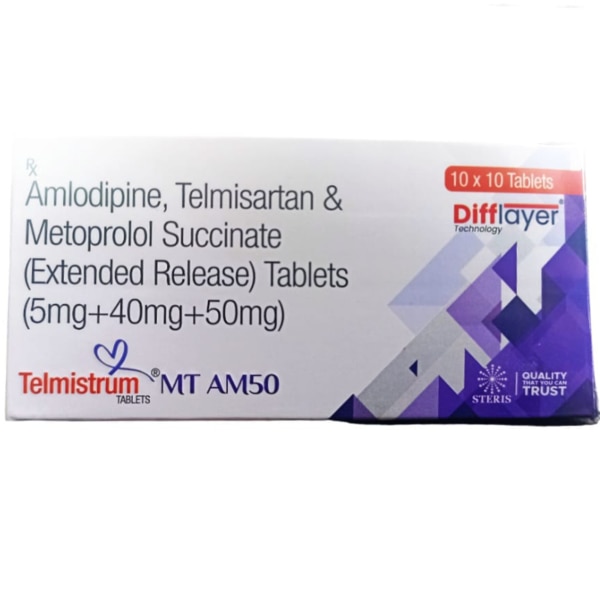TELMISTRUM MT AM 50Amlodipine Besilate IP (5mg), Telmisartan IP (40mg), Metoprolol Succinate IP (47.5mg) Eq. to Metoprolol Tartrate (50mg)TELMISTRUM MT AM 50 is a combination medication formulated to manage hypertension (high blood pressure) and reduce the risk of cardiovascular events such as heart attacks and strokes. This medication brings together three powerful active ingredients—Amlodipine Besilate, Telmisartan, and Metoprolol Succinate—to provide a comprehensive approach to controlling blood pressure and promoting heart health.Key IngredientsAmlodipine Besilate IP (5mg): A calcium channel blocker that helps relax and widen blood vessels, making it easier for the heart to pump blood and reducing blood pressure.Telmisartan IP (40mg): An angiotensin II receptor blocker (ARB) that prevents blood vessels from narrowing, lowering blood pressure and improving blood flow.Metoprolol Succinate IP (47.5mg) Eq. to Metoprolol Tartrate (50mg): A beta-blocker that slows down the heart rate, reduces the force of the heart's contractions, and decreases the amount of blood the heart pumps, further lowering blood pressure.Key BenefitsComprehensive Blood Pressure Control: By combining three different mechanisms of action, TELMISTRUM MT AM 50 effectively lowers high blood pressure, reducing the strain on your heart and arteries.Heart Health Support: The combination of ingredients helps to manage the workload on the heart, decreasing the risk of heart attacks and strokes.Improved Blood Flow: Amlodipine and Telmisartan work together to keep blood vessels relaxed and open, improving blood circulation throughout the body.Prevents Cardiovascular Complications: Regular use can help prevent serious complications such as hypertensive crises, heart attacks, and strokes by maintaining stable blood pressure levels.How Does It Work?TELMISTRUM MT AM 50 works by targeting multiple pathways involved in regulating blood pressure. Amlodipine Besilate helps relax blood vessels by blocking calcium channels, making it easier for the heart to pump blood. Telmisartan, an ARB, prevents the narrowing of blood vessels, enhancing blood flow. Metoprolol Succinate, a beta-blocker, reduces the heart rate and the force of the heart's contractions, helping to maintain a lower and more stable blood pressure. Together, these ingredients provide a synergistic effect to manage hypertension effectively.Directions for UseTake TELMISTRUM MT AM 50 as prescribed by your healthcare provider.Swallow the tablet whole with a glass of water.It is usually taken once daily, preferably at the same time each day.Do not crush, chew, or break the tablet.It can be taken with or without food.Follow your doctor’s instructions regarding diet, exercise, and regular blood pressure monitoring.Side EffectsLike all medications, TELMISTRUM MT AM 50 may cause some side effects, though not everyone will experience them. Common side effects include:Dizziness or lightheadedness, especially when standing up quicklyFatigue or tirednessSwelling in the ankles or feet (edema)Nausea or upset stomachBradycardia (slow heart rate)Dry mouth or unusual taste in the mouthFor further information: EMAIL: info@sterispharma.com / contact@sterispharma.com CALL/WHATSAPP: 7877551268, 7849827488 Order NOW