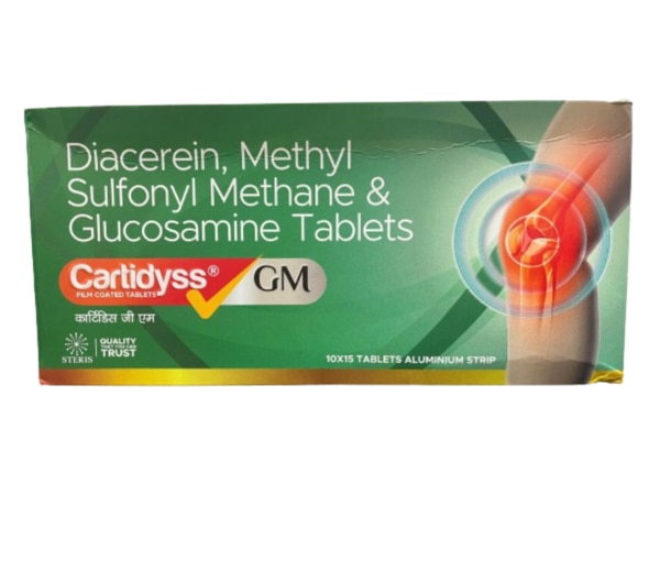 CARTIDYSS GM Diacerein I.p 50 mg , Methyl Sulfony Methane U.S.P 250 mg, Glucosamine sulfate, Potassium chloride U.S.P 750 mg , Glucosamine 446 mgCARTIDYSS GM is a comprehensive dietary supplement designed to support joint health and mobility. This potent combination of Diacerein, Methyl Sulfonyl Methane (MSM), Glucosamine Sulfate, Potassium Chloride, and Glucosamine provides relief from joint discomfort, inflammation, and stiffness. It's particularly beneficial for individuals suffering from osteoarthritis or other joint-related conditions, helping to maintain an active and healthy lifestyle. Key Benefits: Joint Health Support: CARTIDYSS GM promotes the repair and maintenance of cartilage, reducing joint pain and stiffness.Anti-Inflammatory Action: The combination of Diacerein and MSM helps decrease inflammation, providing relief from joint discomfort.Improved Mobility: Regular use may enhance joint flexibility and mobility, allowing for a more active lifestyle.Osteoarthritis Management: Particularly effective in slowing the progression of osteoarthritis, providing long-term joint health benefits. How Does It Work? CARTIDYSS GM works through a synergistic approach to joint health. Diacerein targets and inhibits the interleukin-1 pathway, which plays a key role in the inflammation and degeneration of cartilage in osteoarthritis. MSM contributes sulfur, a vital component of collagen and cartilage formation, which helps reduce inflammation and improve joint function. Glucosamine Sulfate and Glucosamine aid in the repair and maintenance of cartilage, ensuring the joints remain healthy and functional. Potassium Chloride ensures proper electrolyte balance, which is crucial for muscle and nerve function, supporting overall joint health. Directions for Use: Take one tablet of CARTIDYSS GM daily, preferably with a meal, or as directed by your healthcare provider. Consistent use is recommended for optimal results. Side Effects: CARTIDYSS GM is generally well-tolerated, but some individuals may experience mild gastrointestinal discomfort, nausea, or diarrhea. If you experience any adverse effects, discontinue use and consult your healthcare provider.