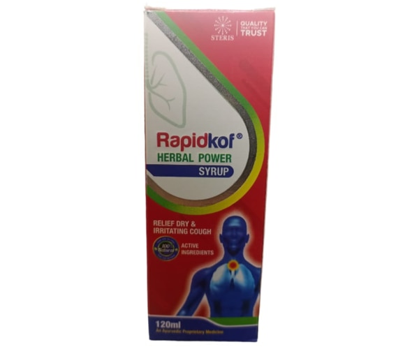 RAPIDKOF HERBAL POWER SYRUP Vasa ( Adhotoda vasicas) RT. 400mg Yashtimadhu ( Glycyrrhiza glabra) RT 200 mg Tulsi (Ocimum sanctum) LF haldi ( Curcuma longa) RZ 120 mg Pippali ( piper longum) fr 70 mg Sunthi (Zingiber officinale) rz 35 mg Kapur Crystal ( cinnamomum camphora) ST 20 mg Pudina (Mentha piperata) Aerial part 2 mgRAPIDKOF HERBAL POWER SYRUP is a powerful, all-natural solution designed to provide relief from cough and cold symptoms. This herbal syrup combines the healing properties of traditional Ayurvedic ingredients, offering a safe and effective remedy for respiratory issues. Whether you're dealing with a dry or productive cough, RAPIDKOF HERBAL POWER SYRUP soothes the throat, clears congestion, and supports overall respiratory health.Key IngredientsVasa (Adhatoda vasica) RT. 400 mg: Known for its expectorant properties, Vasa helps in clearing mucus from the airways, making it easier to breathe.Yashtimadhu (Glycyrrhiza glabra) RT 200 mg: Also known as Licorice root, this ingredient soothes the throat, reduces inflammation, and acts as a mild expectorant.Tulsi (Ocimum sanctum) LF: Tulsi, or Holy Basil, is renowned for its immune-boosting properties and ability to fight respiratory infections.Haldi (Curcuma longa) RZ 120 mg: Turmeric, with its active compound curcumin, offers anti-inflammatory and antioxidant benefits, helping to reduce throat irritation and inflammation.Pippali (Piper longum) FR 70 mg: Pippali, or Long Pepper, enhances the respiratory system's function by promoting the expulsion of phlegm and boosting lung health.Sunthi (Zingiber officinale) RZ 35 mg: Ginger root is a well-known remedy for respiratory issues, offering anti-inflammatory and soothing effects on the throat.Kapur Crystal (Cinnamomum camphora) ST 20 mg: Camphor helps in clearing nasal congestion and providing relief from cold symptoms.Pudina (Mentha piperata) Aerial Part 2 mg: Peppermint, with its menthol content, provides a cooling effect and helps in relieving throat irritation and nasal congestion.Key BenefitsRelieves Cough: RAPIDKOF HERBAL POWER SYRUP effectively alleviates both dry and productive coughs, providing quick relief from throat irritation.Clears Congestion: The natural ingredients in the syrup help in decongesting the nasal passages and chest, making it easier to breathe.Boosts Immunity: With ingredients like Tulsi and Haldi, the syrup strengthens the immune system, helping the body fight off respiratory infections.Soothes Throat: The soothing properties of Yashtimadhu and Sunthi reduce inflammation and irritation in the throat, providing comfort.Natural and Safe: Being an herbal formulation, RAPIDKOF HERBAL POWER SYRUP is free from harmful chemicals and is safe for regular use.