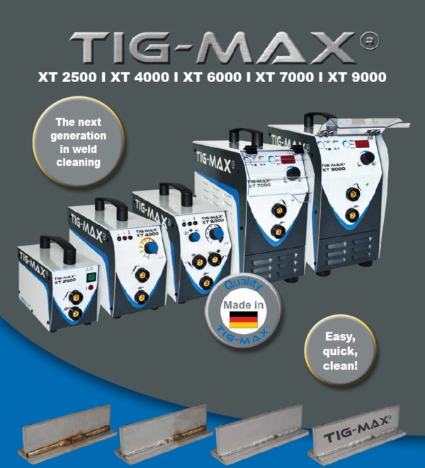 The TIG-MAX® works with a brush through which electrical current is passed. With the brush, a cleaningliquid is absorbed and applied to the areas to be cleaned. The liquid is used to remove the iron oxide stainsformed during welding. The brush converts the electrical current into high temperatures, especially at thebristle ends. The liquid, which is relatively harmless at room temperature, is heated by the brush to temperaturesat which it becomes much more reactive, resulting in an accelerated chemical action on the stainlesssteel surface. Unlike pickling paste, the active ingredients of the cleaning fluid are not inherently harmfulto health. When used correctly, the fluids are non-toxic to the environment.