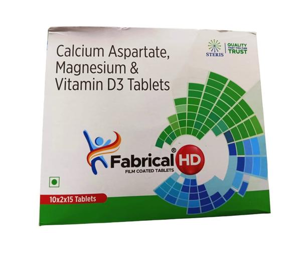 FABRICAL HD Calcium Aspartate 1120mg, Magnesium Hydroxide 180mg, Vitamin D3 10mcg,FABRICAL HD is a premium dietary supplement designed to support bone health and overall well-being. Combining the benefits of Calcium Aspartate, Magnesium Hydroxide, and Vitamin D3, this supplement provides essential nutrients that play a crucial role in maintaining strong bones, healthy muscles, and optimal bodily functions. FABRICAL HD is formulated to meet the daily nutritional needs for individuals seeking to enhance their bone health and overall vitality. Key Benefits Supports Bone Health: The combination of Calcium Aspartate and Vitamin D3 ensures optimal calcium absorption and utilization, promoting strong and healthy bones.Enhances Muscle Function: Magnesium Hydroxide supports muscle relaxation and contraction, reducing the risk of muscle cramps and spasms.Boosts Immune System: Vitamin D3 plays a key role in enhancing the immune response, helping the body to fight off infections.Improves Nutrient Absorption: The synergistic effect of these ingredients enhances the absorption and utilization of essential minerals and vitamins.Maintains Nervous System Health: Magnesium contributes to the proper functioning of the nervous system, supporting mental clarity and reducing stress. How Does It Work? FABRICAL HD works by providing essential nutrients that are critical for bone and muscle health.Calcium Aspartate is a bioavailable form of calcium that is easily absorbed by the body, ensuring that adequate calcium is available for bone formation and maintenance. This helps in maintaining bone density and preventing osteoporosis.Magnesium Hydroxide supports calcium absorption and helps in converting vitamin D into its active form. Magnesium also helps in muscle function, preventing cramps and supporting overall muscle health.Vitamin D3 facilitates the absorption of calcium and phosphorus from the gut. It ensures that these minerals are effectively utilized in the formation and maintenance of bones and teeth. Vitamin D3 also plays a role in modulating the immune response and supporting cardiovascular health. Directions for Use Dosage: Take one tablet of FABRICAL HD daily, preferably with a meal, or as directed by a healthcare professional.Storage: Store in a cool, dry place away from direct sunlight. Keep out of reach of children.Note: Consult your healthcare provider before starting any new supplement, especially if you have any pre-existing medical conditions or are taking other medications. Side Effects FABRICAL HD is generally well-tolerated. However, some individuals may experience mild side effects, including:Digestive Upset: Nausea, constipation, or stomach discomfort may occur in some individuals.Allergic Reactions: Rarely, some individuals may experience allergic reactions such as itching, rash, or swelling. If any of these symptoms occur, discontinue use and consult a healthcare professional.Interactions: If you are taking other medications, especially those affecting calcium levels or bone health, consult your doctor to avoid potential interactions. For further information: EMAIL: info@sterispharma.com / contact@sterispharma.com CALL/WHATSAPP: 7877551268, 7849827488 Order NOW