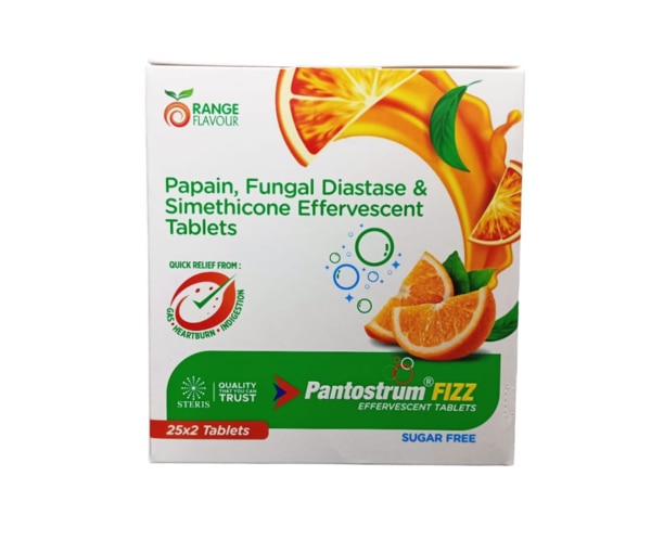 PANTOSTRUM FIZZ Papain IP 60 mg , Fungal Diastase 20 mg Simethicone IPPANTOSTRUM FIZZ is a unique digestive aid designed to relieve various gastrointestinal issues such as indigestion, bloating, and gas. This effervescent formula combines the power of Papain, Fungal Diastase, and Simethicone, offering a synergistic effect to enhance digestive health. Whether you've had a heavy meal or are dealing with chronic digestive problems, PANTOSTRUM FIZZ provides quick and effective relief, making it a must-have in your health regimen. Key Benefits: Enhances Digestion: The combination of Papain and Fungal Diastase ensures comprehensive digestion of proteins and carbohydrates, preventing digestive discomfort.Reduces Bloating: Simethicone effectively reduces gas buildup in the stomach and intestines, alleviating bloating and abdominal pain.Quick Relief: As an effervescent formula, PANTOSTRUM FIZZ works rapidly, providing almost immediate relief from indigestion and gas.Convenient and Palatable: The effervescent form makes it easy to consume and is pleasant to the taste, ensuring compliance and convenience. How Does It Work? PANTOSTRUM FIZZ leverages the synergistic actions of its key ingredients to offer effective digestive support:Papain: Breaks down complex proteins into simpler peptides and amino acids, facilitating their easier absorption in the small intestine.Fungal Diastase: Catalyzes the hydrolysis of starch into maltose and dextrin, making it easier for the body to digest and utilize carbohydrates.Simethicone: Acts by decreasing the surface tension of gas bubbles in the stomach and intestines, causing them to combine into larger bubbles that can be more easily expelled. Directions for Use: Dissolve: Drop one tablet of PANTOSTRUM FIZZ into a glass of water.Stir: Allow the tablet to dissolve completely.Drink: Consume the solution immediately after the tablet has fully dissolved.Dosage: It is typically recommended to take one tablet after meals or as directed by a healthcare professional. Do not exceed the prescribed dosage. Side Effects: PANTOSTRUM FIZZ is generally well-tolerated when taken as directed. However, some individuals may experience mild side effects, including:Nausea: A slight feeling of nausea might occur, especially if taken on an empty stomach.Allergic Reactions: Rarely, ingredients like Papain can cause allergic reactions in sensitive individuals, leading to symptoms such as rash, itching, or difficulty breathing.Diarrhea: Excessive use might lead to diarrhea due to the laxative effect of the digestive enzymes.Abdominal Pain: Some users might experience mild abdominal discomfort or cramps.For further information: EMAIL: info@sterispharma.com / contact@sterispharma.com CALL/WHATSAPP: 7877551268, 7849827488 Order NOW