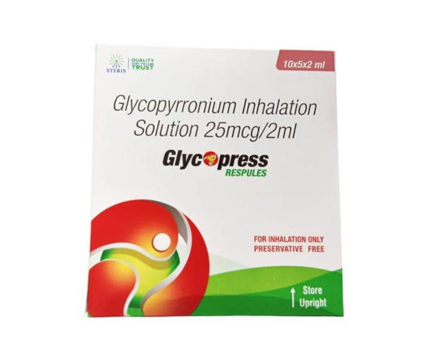 GLYCOPRESS Glycopyrrolate IP (Equivalent to Glycopyrronium 25mcg), In Isotonic solution 2mlGLYCOPRESS is a specialized pharmaceutical solution designed to effectively manage conditions involving excessive secretions in the body. This medication contains Glycopyrrolate IP, which is equivalent to Glycopyrronium 25mcg, and is presented in a 2ml isotonic solution. GLYCOPRESS is commonly used in clinical settings for patients requiring a reduction in bodily fluids, such as saliva or mucus, to improve comfort and manage symptoms related to various medical conditions.Key BenefitsReduces Excessive Secretions: GLYCOPRESS effectively reduces saliva, mucus, and other bodily secretions, providing relief for patients with conditions like COPD and sialorrhea.Enhances Respiratory Function: By decreasing mucus production, GLYCOPRESS helps keep airways clear, which is particularly beneficial for patients with respiratory conditions.Preoperative Use: GLYCOPRESS is often administered before surgery to reduce secretions and maintain clear airways, lowering the risk of complications during procedures.Convenient Dosage Form: The 2ml isotonic solution ensures that the medication is easy to administer and is quickly absorbed by the body, providing fast relief.How Does It Work?GLYCOPRESS works by blocking the action of acetylcholine, a neurotransmitter that stimulates glandular secretions in the body. By inhibiting acetylcholine's effects on muscarinic receptors, Glycopyrrolate reduces the production of fluids such as saliva, mucus, and stomach acid. This action makes GLYCOPRESS particularly useful in managing conditions where excessive secretions are problematic, such as in respiratory diseases or as a preparation for surgery.The isotonic solution in which Glycopyrrolate is dissolved ensures that the medication is compatible with the body's natural fluids, facilitating smooth and effective administration, whether intravenously or intramuscularly.Directions for UseGLYCOPRESS is typically administered by a healthcare professional through intravenous or intramuscular injection. The dosage and frequency of administration depend on the specific condition being treated and the patient's response to the medication. It is important to follow the healthcare provider's instructions closely to ensure optimal effectiveness and minimize potential risks.For COPD: Administer 1 ml (12.5 mcg) to 2 ml (25 mcg) twice daily, as recommended by a healthcare provider.For Sialorrhea: Administer 1 ml (12.5 mcg) to 2 ml (25 mcg) once or twice daily, based on the severity of symptoms.For Preoperative Use: A single dose of 2 ml (25 mcg) is typically given 30-60 minutes before surgery.Side EffectsWhile GLYCOPRESS is generally well-tolerated, some patients may experience side effects. The most common side effects include:Dry Mouth: A reduction in saliva production may lead to a dry mouth, which can be alleviated by drinking water or using saliva substitutes.Blurred Vision: Temporary blurred vision may occur, especially at higher doses.Urinary Retention: Some patients may find it difficult to urinate due to the anticholinergic effects of the medication.Constipation: By slowing gut motility, Glycopyrrolate can cause constipation, particularly with long-term use.Increased Heart Rate: In rare instances, Glycopyrrolate may cause tachycardia (a fast heart rate), which should be monitored by a healthcare provider.For further information: EMAIL: info@sterispharma.com / contact@sterispharma.com CALL/WHATSAPP: 7877551268, 7849827488 Order NOW