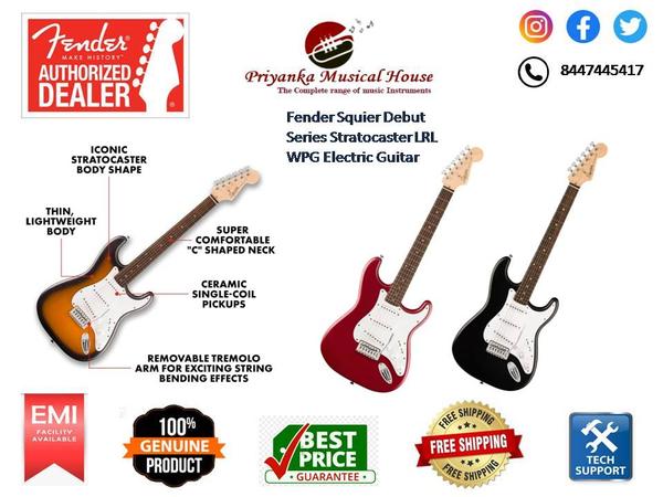 Fender Squier Debut Series Stratocaster LRL WPG Electric GuitarDesigned by the most trusted name in guitar and backed by a 75-year legacy of quality and craftsmanshipThis beginner guitar comes with a free subscription to Fender Play that includes free lessons with thousands of instructional videos to build your skills by playing the songs you loveDesigned for beginners, the Squier Debut Series features the iconic Fender Stratocaster model in three signature colors--Black, Dakota Red and 2-Tone Sunburst; this guitar includes a super-comfortable