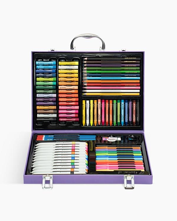 Oil Pastels30 shadesWax Crayons XL15 shadesColour Pencils (Full-size)12 shadesBrush Pens12 shadesSketchpens12 shadesSupreme HD PencilsSet of 3Supreme XL All Clear EraserSharpenerRegularScented stickersSet of 2201Compact and travel-friendly packaging02Jostle-proof design with dedicated slots for materials03Ideal for gifting young artists04Non-toxic and safe for children05All-in-one pack of supplies06Personalized name tag