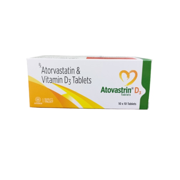 ATOVASTRIN D3 is a specialized combination that includes Atorvastatin (10 mg) and Vitamin D3, formulated to address two critical health concerns: high cholesterol and Vitamin D deficiency. This dual-action tablet is ideal for individuals who need to manage their cholesterol levels while also ensuring adequate Vitamin D intake for better bone health and immune support. ATOVASTRIN D3 offers a convenient way to maintain cardiovascular and skeletal health simultaneously. Key Ingredients: Atorvastatin (10 mg): A potent statin that helps reduce cholesterol by inhibiting the HMG-CoA reductase enzyme, which is involved in cholesterol production in the liver. It effectively lowers bad cholesterol (LDL) and triglycerides while increasing good cholesterol (HDL).Vitamin D3: An essential vitamin that promotes calcium absorption, ensuring strong bones and a healthy immune system. Vitamin D3 is particularly beneficial for individuals with limited sun exposure or dietary intake of Vitamin D. Key Benefits: Cholesterol Management: Atorvastatin in ATOVASTRIN D3 lowers LDL cholesterol and triglycerides, reducing the risk of heart diseases such as heart attacks and strokes.Bone Health Support: Vitamin D3 enhances calcium absorption, which is crucial for maintaining bone density and reducing the risk of osteoporosis.Convenient Dual-Action Formula: Combines cholesterol management and bone health support in one easy-to-take pill. How Does It Work? Atorvastatin works by inhibiting the enzyme HMG-CoA reductase, reducing cholesterol production in the liver. This results in lower LDL and triglyceride levels, while raising HDL levels, improving overall heart health Directions for Use:Take ATOVASTRIN D3 exactly as prescribed by your healthcare provider, typically once daily in the evening, as cholesterol synthesis is higher at night.It can be taken with or without food, but avoid grapefruit juice, as it can interfere with atorvastatin metabolism. Side Effects: Common Side Effects: Muscle pain, digestive issues, headache, and fatigue.Serious Side Effects: Severe muscle pain, dark urine, yellowing of the skin (jaundice), or allergic reactions. If you experience any of these, contact your healthcare provider immediately