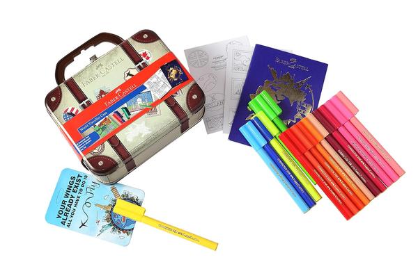 Unique concept gift for the creative little travelersTin carry case contains 25 connector sketch pens, 1 passport coloring book and 2 assorted coloring sticker sheets.Travel theme matt finish stickers can be colored and used to decorate the carry case or more