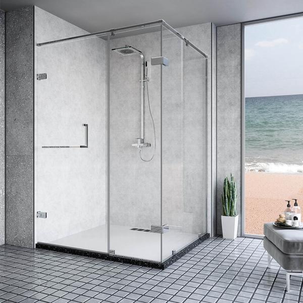 Range : Stark Shower EnclosureCode :  JSE-CHR-S840L2832H20XDescription : Corner enclosure with 2 fixed glass and 1 openable door fixed with side panel with square hardware & profileFinish: ChromeGlass: 8mm