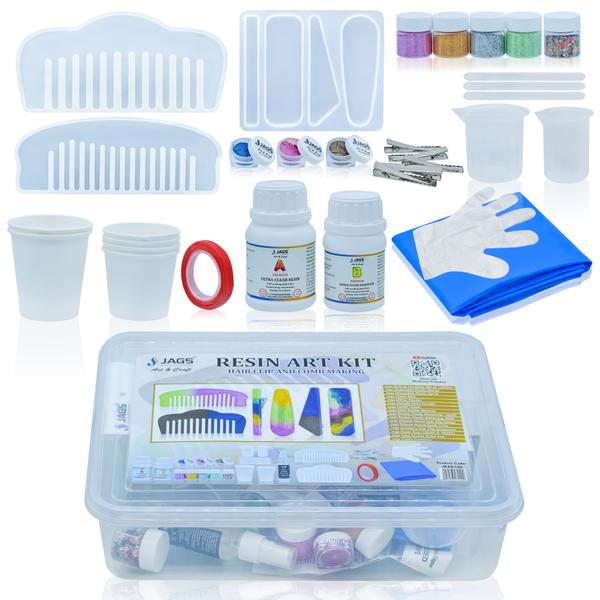 Includes crystal-clear resin & hardener for flawless creations (150ml).Includes silicone molds for hair clips and combs (2 designs)Sparkling embellishments: glitter powder, combi glitter, metallic pearls,Easy to use with disposable gloves, apron, and mixing tools,Complete the look with included metal hair clip pins & double-sided tape. Perfect for beginners - includes bubble remover and storage container.Level up your hair game with this DIY Resin Hair Accessory Kit! Design one-of-a-kind hair clips and combs with crystal-clear resin & hardener (150ml) and easy-to-use silicone molds. This kit has everything you need to get creative, including disposable gloves, an apron, and mixing tools. Add a touch of sparkle with glitter powder, combi glitter, and metallic pearl powder. Don't forget the finishing touches - metal hair clip pins and double-sided tape are included for easy assembly. This beginner-friendly kit even features a bubble remover and a storage container to keep everything organized!