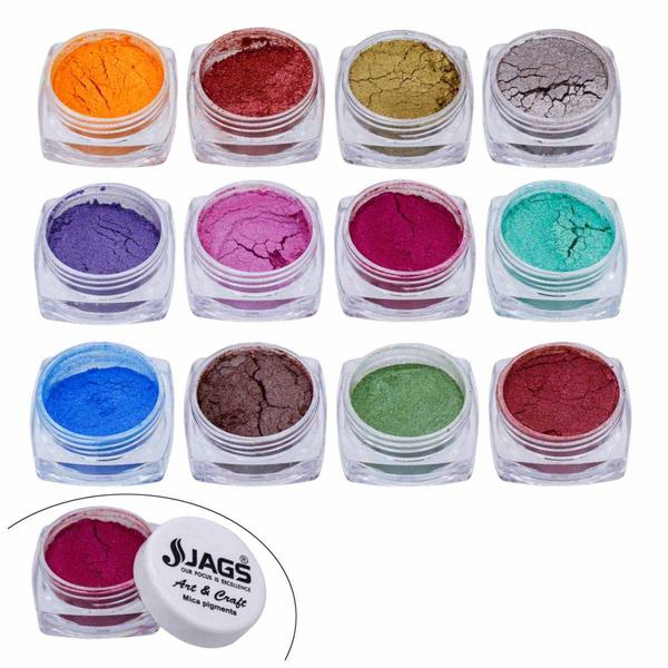 1. Material: Mica Powder | Set of 12 Colors| Each Color Conatins 12 Grams of Mica Powder.2. Wide Spectrum of Colors: Offers an extensive range of colors to choose from, allowing for vibrant and diverse artistic expressions.3. Versatile Applications: Suitable for various mediums such as resin, acrylic, soap, and more, providing flexibility in creative projects.4. High Pigment Concentration: Ensures intense and rich color payoff with a small amount, enhancing the cost-effectiveness of the pigment.5. Ideal for Resin Art and DIY Crafts: Specifically formulated to excel in resin art and various DIY projects, providing stunning results.Explore a spectrum of vibrant hues with our Mica Pigment Powder in various colors. These finely ground powders add a lustrous sheen and depth to resin art and nail designs. With excellent lightfastness and a smooth texture, they blend seamlessly into resins, creating eye-catching, dynamic effects. Elevate your creations with the versatility of these pigments that resist fading over time, ensuring enduring brilliance in every project.