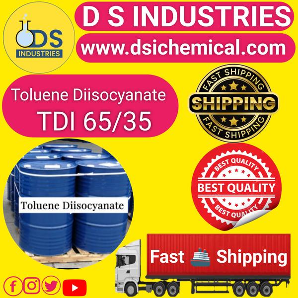 We Leading D S INDUSTRIES Best (TDI 65/35) Toluene Diisocyanate Supplier in Vadodara india. D S INDUSTRIES Accurate delivery All Over. Toluene Diisocyanate (TDI 65/35) is a specific blend of two isomers: 2,4-TDI (65%) and 2,6-TDI (35%). It is primarily used in the production of polyurethane products. Here are the key uses:Flexible Foam Production: TDI 65/35 is a critical raw material for manufacturing flexible polyurethane foams, which are commonly used in mattresses, furniture, and automotive seating.Coatings, Adhesives, Sealants, and Elastomers (CASE): It is used in making durable polyurethane coatings, adhesives, sealants, and elastomers that are widely used in construction, automotive, and industrial applications.Rigid Foam: Though less common than flexible foam, TDI can also be used in the production of some types of rigid foam for insulation purposes.Synthetic Leather: Polyurethane derived from TDI is often used in the production of synthetic leather, giving it flexibility and durability.Automotive Components: TDI-based polyurethanes are found in automotive interior components like dashboards, armrests, and headrests.Safety is a key concern when working with TDI, as it is a highly reactive chemical and can cause respiratory and skin sensitization if not handled properly.Key WordsTDI 65/352,4-Toluene Diisocyanate2,6-Toluene DiisocyanatePolyurethane ProductionFlexible FoamIsocyanatesPolyurethane FoamsElastomersCoatingsAdhesivesSealantsPolyurethane ElastomersSynthetic LeatherAutomotive ComponentsMattress FoamsFurniture FoamsInsulation FoamsRespiratory SensitizerChemical ReactivityOccupational SafetyD S industries (TDI 65/35) SupplierD S industries Vadodara india