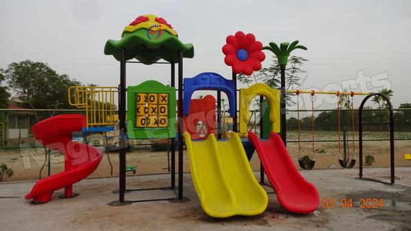 Roto Multiplay Series Product Code: NPS3918N1Product Size: 24.5Ft(L) x 12(Ft(W) x 12Ft(H)Required Area : 30 x 20FtConsists: 1. Platform with Spider Canopy - 01 Nos2. Platform with Sunflower and Tree canopy - 02 Nos3. Spiral Slide - 01 Nos4. Double Slide - 01 Nos5. Plain Slide - 01 Nos6. Double Swing - 01 Nos7. Tic Tac Railing - 01 Nos8. Fancy Railing - 03 Nos9. Ladder - 01 NosCapacity - 10-15 Children's