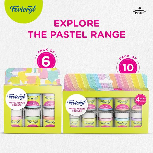 Fevicryl Multi Surface Pastel Acrylic Color Kit 6 Shades X 15 Ml - MRP 150Fevicryl Multi Surface Pastel Acrylic Color Kit 10 Shades X 15 Ml - MRP 300Ideal For Wood, Glass, Canvas, Metal, Plastic, Mould It | For Hobbyists, Artists, Diy Art And Craft.🎨New Launch: Fevicryl introduces Hobby colours in Pastel shades for the first time in an exclusive pastel themed kit🎨Trending Pastel shades: Capturing the trends of the season, the 6 & 10 shades kit makes your artwork look chic and elegant complementing the surroundings of your home, office, or art corner.🎨Multi-surface usage: These easy-to-use acrylic paints can be used on any surface like canvas, wood, earthenware, stone, thermocol, metal, leather, glass, etc.🎨Quick-Drying: The colours are crafted in a manner such that once applied on the surface it quickly dries off and becomes dense and brilliant once completely dry.🎨Water-Soluble: This colours kit consists of vibrant colours which are water-soluble, which means you can mix it with water to adjust the consistency. Once dry they become water-resistant.