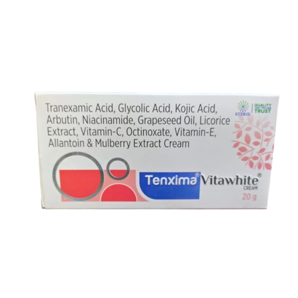 TENXIMA VITA WHITE CREAM is a potent skin-brightening and revitalizing formula designed to improve skin tone and texture. Infused with a powerful combination of Tranexamic Acid, Glycolic Acid, Kojic Acid, Arbutin, Niacinamide, and various natural extracts like Grapeseed Oil, Licorice Extract, Mulberry Extract, this cream works to reduce hyperpigmentation, dark spots, and uneven skin tone. It also provides antioxidant protection while promoting a radiant and glowing complexion. Key Ingredients: Tranexamic Acid: Helps reduce dark spots and melasma by inhibiting melanin production.Glycolic Acid: An alpha hydroxy acid (AHA) that exfoliates the skin, removing dead cells and promoting cell turnover.Kojic Acid: Known for its skin-lightening properties, it works to diminish dark spots and brighten the complexion.Arbutin: A natural skin brightener that helps reduce hyperpigmentation and age spots.Niacinamide: Also known as Vitamin B3, it improves skin elasticity, enhances the skin barrier, and evens out skin tone.Grapeseed Oil: Rich in antioxidants, it hydrates and soothes the skin, providing anti-inflammatory benefits.Licorice Extract: Known for its soothing and brightening properties, it helps in reducing redness and pigmentation.Vitamin C: A powerful antioxidant that brightens the skin and promotes collagen production.Octinoxate: Provides sun protection by absorbing UV rays, preventing further pigmentation.Vitamin E: An antioxidant that protects the skin from free radicals and moisturizes it.Allantoin: A skin-soothing ingredient that promotes cell regeneration and helps calm irritated skin.Mulberry Extract: Helps in skin brightening and reduces the appearance of dark spots. Key Benefits: Brightens Skin Tone: The combination of Tranexamic Acid, Kojic Acid, and Arbutin targets hyperpigmentation and dark spots, leaving the skin with a brighter and more even tone.Exfoliates and Renews: Glycolic Acid gently exfoliates dead skin cells, promoting a fresh, rejuvenated complexion.Fights Free Radicals: With powerful antioxidants like Vitamin C, Vitamin E, and Grapeseed Oil, the cream protects against environmental damage and premature aging.Soothes and Heals: Ingredients like Allantoin and Licorice Extract soothe irritated skin and promote healing, making it ideal for sensitive skin types.Hydrates and Moisturizes: Grapeseed Oil and Vitamin E ensure the skin stays hydrated and moisturized, maintaining softness and elasticity.Sun Protection: Octinoxate provides protection from harmful UV rays, helping prevent further sun-induced damage and pigmentation. How Does It Work? TENXIMA VITA WHITE CREAM works through a combination of skin-brightening, exfoliating, and antioxidant-rich ingredients. Tranexamic Acid and Kojic Acid block the enzyme responsible for melanin production, reducing pigmentation and dark spots over time. Glycolic Acid exfoliates the skin, encouraging the removal of dead cells and promoting the regeneration of fresh skin cells. Niacinamide works to improve skin texture and tone, while Vitamin C and Vitamin E protect the skin from oxidative stress and encourage collagen production for a firmer, youthful look. Additionally, Allantoin and Licorice Extract soothe the skin, reducing inflammation and promoting healing. Directions for Use: Cleanse: Start with a clean and dry face.Apply: Take a small amount of the cream and apply it evenly across the face and neck, focusing on areas with dark spots or pigmentation.Massage: Gently massage the cream into the skin using circular motions until fully absorbed.Use Daily: For best results, apply the cream twice daily, in the morning and evening. It is recommended to use sunscreen during the day to enhance the protection provided by Octinoxate. Side Effects: TENXIMA VITA WHITE CREAM is generally safe for all skin types. However, some users may experience mild side effects such as:Skin Irritation: Redness or slight irritation, especially if you have sensitive skin.Dryness: Some users may experience dryness due to the exfoliating action of Glycolic Acid.Photosensitivity: The presence of Glycolic Acid may increase skin sensitivity to sunlight. It is advised to use sunscreen when applying the cream during the day.