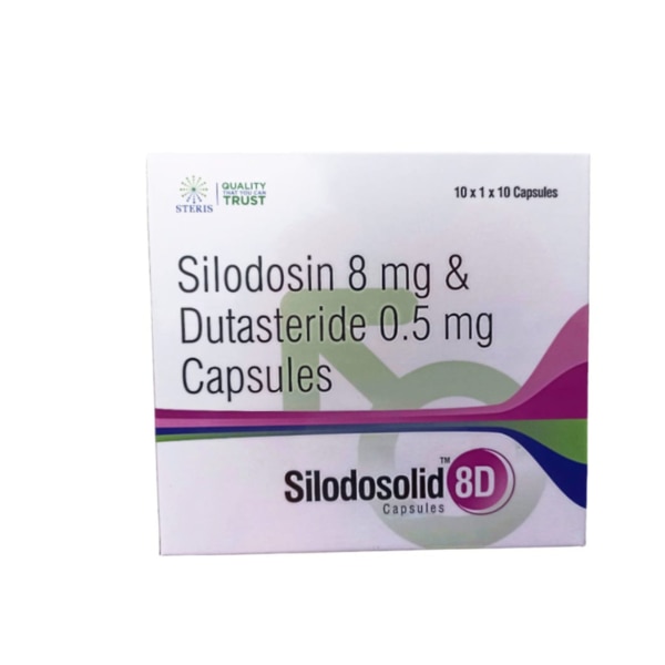 SILODOSOLID 8D is a combination medication designed to effectively manage symptoms of benign prostatic hyperplasia (BPH), commonly known as an enlarged prostate. This powerful formula contains Silodosin (8mg) and Dutasteride (0.5mg), working together to provide relief from urinary difficulties and improve quality of life for men suffering from prostate enlargement. Key Ingredients: Silodosin (8mg): Silodosin is an alpha-blocker that relaxes the muscles in the prostate and bladder, making it easier to pass urine and relieving symptoms of BPH.Dutasteride (0.5mg): Dutasteride belongs to a class of medications called 5-alpha-reductase inhibitors. It helps shrink the enlarged prostate by reducing the production of dihydrotestosterone (DHT), a hormone that contributes to prostate growth. Key Benefits: Relieves symptoms of BPH, including difficulty in urination, frequent urination, and a weak urine stream.Helps shrink the prostate gland, improving urine flow and reducing the need for surgery.Reduces the risk of urinary retention and other complications related to BPH.Provides long-term management of prostate enlargement symptoms. How Does It Work? SILODOSOLID 8D works by combining the effects of Silodosin and Dutasteride. Silodosin acts as an alpha-blocker, relaxing the muscles around the prostate and bladder neck to ease the flow of urine. Dutasteride, on the other hand, targets the hormone DHT, which is responsible for prostate enlargement. By lowering DHT levels, Dutasteride reduces prostate size, leading to improved urinary function and a reduction in BPH symptoms. Directions for Use: Take SILODOSOLID 8D exactly as prescribed by your healthcare provider. Typically, one capsule is taken once a day, with or without food. Swallow the capsule whole without chewing or crushing it. For best results, follow the prescribed dosage schedule and avoid missing doses. Side Effects: While SILODOSOLID 8D is effective for many, it may cause some side effects, including:Dizziness or lightheadednessEjaculation problems or reduced sexual desireBreast tenderness or enlargementHeadacheDiarrheaNasal congestion