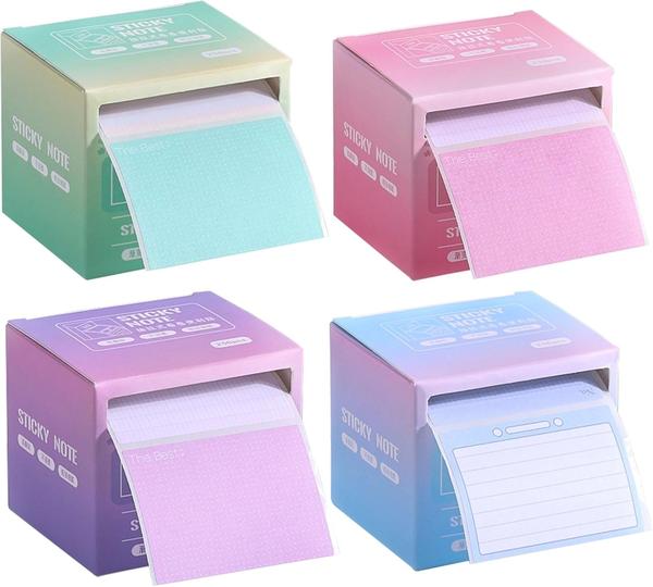 【Pull-out Design】 Thanks to to do list sticky notes with box, you can easily tear a sheet without the hassle of searching through a full pad. With each roll containing 256 sheets, you'll have an ample supply to keep track of your tasks.【Various Patterns】 Available in blue, green, purple and pink, 4 rolls of full adhesive sticky notes feature 8 different patterns including grid, blank, and lined. This allows you to use them in various ways, whether it's for taking notes or writing ideas.【Full Adhesive】 The pull out sticky note tape is designed with full adhesive, ensuring it securely sticks to flat surfaces and won't easily come off. The premium paper quality ensures smooth writing and easy readability.【Ideal Size】 This compact box is easy to store and keeps your sticky notes full adhesive back neatly organized. The notes themselves measure 1.7