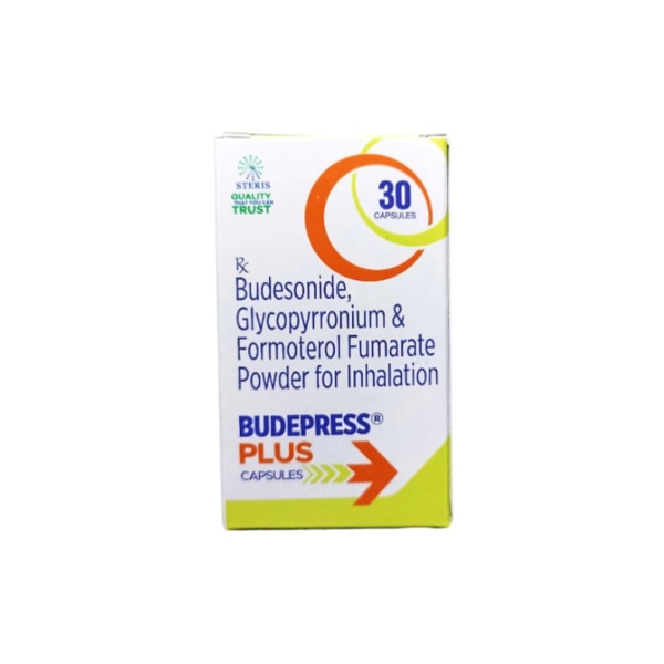 BUDPRESS PLUS, a cutting-edge respiratory therapy solution designed to provide comprehensive management for individuals battling chronic respiratory conditions such as Chronic Obstructive Pulmonary Disease (COPD) and asthma. Combining three potent active ingredients, BUDPRESS PLUS offers a synergistic approach to enhance lung function, reduce inflammation, and improve overall breathing comfort. Key Benefits: Enhanced Lung Function: Combines three active ingredients to target different aspects of respiratory distress, ensuring comprehensive management of symptoms.Reduced Inflammation: Budesonide effectively minimizes airway inflammation, decreasing the likelihood of flare-ups and exacerbations.Prolonged Bronchodilation: Formoterol and Glycopyrronium work together to provide long-lasting airway relaxation, ensuring sustained ease of breathing.Convenient Dosing: Once-daily inhalation simplifies treatment regimens, promoting better adherence and consistent symptom control.Improved Quality of Life: By effectively managing symptoms, BUDPRESS PLUS allows users to engage more freely in daily activities with reduced respiratory discomfort. How Does It Work? BUDPRESS PLUS utilizes a multi-faceted approach to respiratory care:Anti-Inflammatory Action: Budesonide targets and reduces inflammation in the airways, addressing one of the root causes of chronic respiratory conditions.Muscle Relaxation: Glycopyrronium acts on the muscarinic receptors in the airway muscles, preventing contractions that can lead to narrowing of the airways.Bronchodilation: Formoterol Fumarate stimulates beta-2 receptors, causing the airway muscles to relax and the air passages to widen, facilitating easier airflow.Together, these ingredients work synergistically to provide immediate relief and long-term management of respiratory symptoms, ensuring optimal lung function and breathing comfort. Directions for Use: BUDPRESS PLUS is administered via inhalation. Please follow these steps for effective usage:Shake the Inhaler: Before each use, shake the inhaler well to ensure proper mixing of the medication.Exhale Fully: Breathe out completely to empty your lungs.Inhale the Medication: Place the mouthpiece in your mouth, close your lips around it, and inhale deeply while pressing down on the canister to release a dose.Hold Your Breath: After inhalation, hold your breath for about 10 seconds to allow the medication to settle in your airways.Repeat if Necessary: If a second dose is prescribed, wait at least 1 minute before repeating the steps.Rinse Your Mouth: To prevent potential irritation or infection, rinse your mouth with water after each use.Dosage: Use BUDPRESS PLUS once daily or as prescribed by your healthcare provider. Do not exceed the recommended dosage. Side Effects: While BUDPRESS PLUS is generally well-tolerated, some users may experience side effects. It's important to be aware of the following:Common Side Effects:Throat irritation or drynessHoarsenessHeadacheMuscle crampsLess Common Side Effects:Increased heart ratePalpitationsTremorsNervousnessSerious Side Effects: Although rare, seek immediate medical attention if you experience:Severe allergic reactions (rash, itching, swelling, dizziness, difficulty breathing)Persistent cough or difficulty breathingChest pain