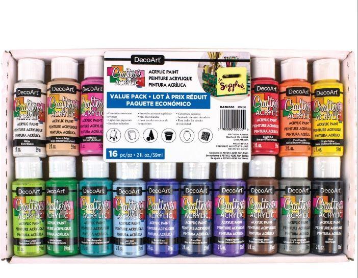 Deco Art Crafter Acrylic Color SetLet's get painting with Crafter's Acrylic Paint Sets! Crafter's Acrylic Paint is a perfect entry paint for any artist or crafter. Formulated to brush out smoothly and evenly, it will achieve full coverage in one or two coats. For over 35 years, we at DecoArt have been creating premium paint, delivering consistent qualty year after year. These sets are the perfect starting point for a beginner or student artist ready to stock up on paint to begin their artistic journey. We make paint, so you can create your best.Produced in the USA, Water-basedTested for excellence on wood, walls, canvas, terra cotta, paper, Styrofoam™, or unglazed ceramics, Blends easily, IntermixableDurable, matte finish, Consistent viscosityShake well before usingTypicall two coat coverage with most colorsApply one well-brushed coat using a soft brush or sponge brushApply multiple coats when using more transparent colors.Allow to dry thoroughly before applying additional coats or varnishes.Dry time can depend on temperature, humidity, thickness of application etc. Dry time to the touch is typically 15 minutes.Soap and water clean-up while wet