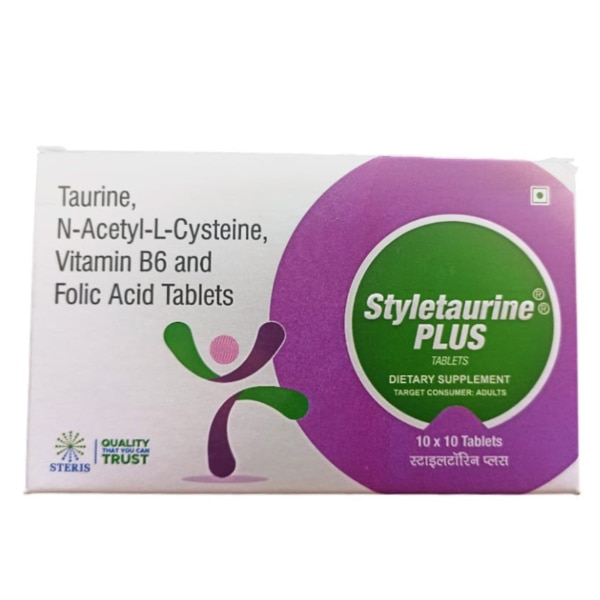 STYLETAURINE PLUS is a dietary supplement designed to support overall health and well-being through a potent combination of essential ingredients. This supplement contains Taurine, N-Acetyl-L-Cysteine (NAC), Vitamin B6, and Folic Acid, all of which play a vital role in maintaining various bodily functions, including energy production, antioxidant protection, and cognitive support. Whether you're looking to boost your energy levels, enhance your cognitive function, or promote cardiovascular health, STYLETAURINE PLUS is formulated to meet your needs. Key Benefits: Energy Boost: Taurine helps maintain optimal energy levels by supporting muscle function and cardiovascular health, making it ideal for those with active lifestyles.Antioxidant Protection: NAC boosts glutathione levels, aiding in detoxification and protecting cells from oxidative stress and inflammation.Cognitive Support: Vitamin B6 and Folic Acid contribute to brain health, promoting better cognitive function and mood regulation.Heart Health: The combination of these ingredients helps maintain cardiovascular health, supporting the body's ability to manage homocysteine levels.Immune Support: The antioxidant properties of NAC help strengthen the immune system by protecting cells from damage. How Does It Work? STYLETAURINE PLUS works synergistically by combining the benefits of each key ingredient. Taurine supports heart and muscle function, while NAC acts as a powerful antioxidant, neutralizing free radicals and supporting cellular repair. Vitamin B6 and Folic Acid work together to improve cognitive function, maintain red blood cell production, and support the overall cardiovascular system. These ingredients help maintain the body's balance, contributing to better energy levels, cognitive clarity, and overall well-being. Directions for Use: Take one tablet of STYLETAURINE PLUS daily, preferably with a meal, or as directed by your healthcare provider. Ensure adequate hydration and a balanced diet to optimize the effects of the supplement. Side Effects: STYLETAURINE PLUS is generally well-tolerated when used as directed. However, some individuals may experience mild side effects such as nausea, stomach discomfort, or headache. If you experience any adverse reactions, discontinue use and consult your healthcare provider. Pregnant or breastfeeding women, and individuals with pre-existing medical conditions, should seek medical advice before starting any new supplement.