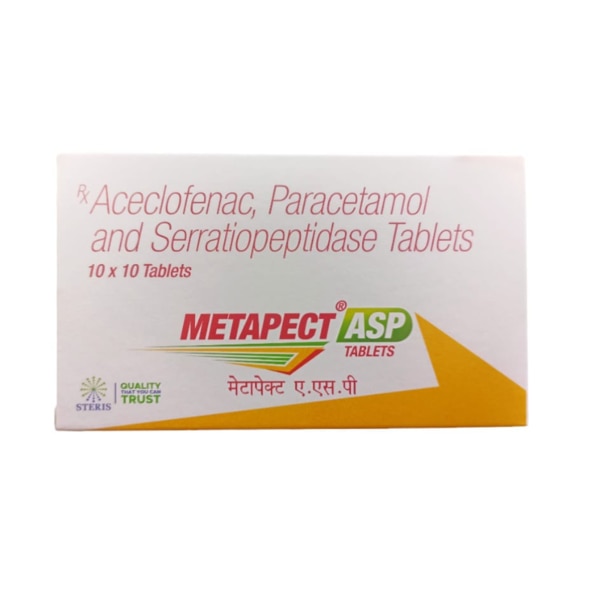 METAPECT ASP is a powerful combination of three active ingredients: Aceclofenac, Paracetamol, and Serratiopeptidase. This combination works together to provide relief from pain, inflammation, and swelling associated with various conditions, such as arthritis, musculoskeletal disorders, and post-surgical pain. Each tablet is designed to enhance mobility, reduce discomfort, and promote faster recovery by addressing the root causes of pain and inflammation. Key Benefits: Provides effective relief from moderate to severe pain caused by arthritis, musculoskeletal conditions, and post-operative procedures.Reduces inflammation, swelling, and discomfort in the affected areas, allowing for faster recovery and enhanced mobility.Offers fever relief and soothes body aches associated with viral infections or injuries.Combines the therapeutic benefits of Aceclofenac, Paracetamol, and Serratiopeptidase for a holistic approach to pain management.How Does It Work? METAPECT ASP works by targeting multiple pathways involved in pain and inflammation. Aceclofenac blocks the production of prostaglandins, reducing inflammation and pain. Paracetamol acts on the central nervous system to lower pain sensations and reduce fever. Serratiopeptidase enhances tissue healing by breaking down proteins involved in inflammation, minimizing swelling, and promoting faster recovery of damaged tissues. Directions for Use: Take one tablet of METAPECT ASP orally with water, preferably after a meal, to avoid stomach upset.The dosage should be as prescribed by your healthcare provider, typically once or twice daily depending on the severity of the condition.Do not exceed the recommended dose unless directed by your doctor. Side Effects: While METAPECT ASP is generally well tolerated, some individuals may experience mild to moderate side effects, including:Nausea or indigestionDiarrhea or constipationDizziness or headacheStomach discomfort or bloatingAllergic reactions, such as skin rashes (rare) If any side effects persist or worsen, contact your healthcare provider immediately. It is important to take this medication under medical supervision to minimize the risk of serious side effects. Avoid taking METAPECT ASP on an empty stomach to reduce the chances of gastrointestinal issues.