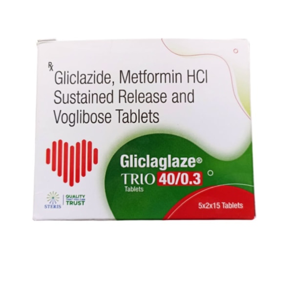 GLICLAGLAZE TRIO 40/0.3 is a prescription medication used for managing type 2 diabetes. It contains a combination of three active ingredients—Gliclazide IP (40 mg), Metformin Hydrochloride IP (500 mg), and Voglibose IP (0.3 mg)—each targeting different pathways to help control blood sugar levels. Key Benefits: Provides comprehensive blood sugar control for patients with type 2 diabetes.Reduces fasting and post-meal glucose levels.Lowers the risk of complications associated with high blood sugar, such as cardiovascular issues and neuropathy. How Does It Work? Gliclazide enhances insulin secretion from the pancreas.Metformin decreases glucose production in the liver and improves insulin sensitivity.Voglibose slows the breakdown of carbohydrates in the intestines, minimizing sudden spikes in blood sugar levels after meals. Directions for Use: Take this medication as directed by your healthcare provider, typically once or twice daily with meals.Swallow the tablet whole with water.Do not crush or chew the tablet.Regularly monitor your blood sugar levels as advised by your doctor. Side Effects: Common: Nausea, diarrhea, stomach pain, and low blood sugar (hypoglycemia).Less Common: Headaches, dizziness, and mild gastrointestinal discomfort.Rare but Severe: Severe hypoglycemia, lactic acidosis (with metformin), or allergic reactions.