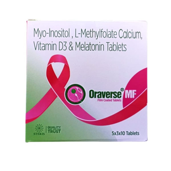 ORAVERSE MF is a nutritional supplement designed to support women's reproductive health, hormonal balance, and overall well-being. The combination of ingredients works synergistically to promote fertility, regulate menstrual cycles, and improve sleep quality. Key Benefits: Supports ovarian function and hormonal balance, particularly in women with PCOS.Improves insulin sensitivity, which is beneficial for managing metabolic health.Enhances fertility and supports healthy pregnancies.Promotes better sleep quality and reduces oxidative stress. How Does It Work? Myo-Inositol improves insulin sensitivity, which helps regulate ovulation and menstrual cycles.L-Methylfolate Calcium ensures proper folate levels for reproductive health and helps prevent neural tube defects during pregnancy.Vitamin D3 supports immune function and hormonal balance, contributing to better fertility outcomes.Melatonin aids in regulating sleep patterns, which can help improve overall reproductive health. Directions for Use: Take one sachet or as directed by a healthcare professional.Dissolve the contents in water and drink, preferably after meals. Side Effects: Common: Gastrointestinal discomfort, nausea, or mild headaches.Less common: Drowsiness or dizziness due to melatonin.Severe: Rare allergic reactions or hypercalcemia from excessive Vitamin D.