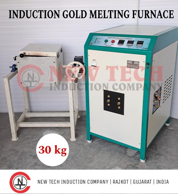 Induction Gold Melting Furnace is based on the latest and most advanced IGBT induction technology.Induction Gold Melting Furnace/Machine is extensively used in Jewellery workshop, Jewellery showroom, Gold casting, Gold refining, Refinery, Bullion, chain making, Bangle making, Retail showrooms, Lab and Research Institute. Technical Details : Input Voltage - 415 VAC Power Supply - Three Phase Melting Material - Gold Brand - NEW TECH Technology - IGBTMax Temperature - 1150 Degree Melting Time - 25 min * Frequency - 50 HZ / 60 HZ Absorbed Power - 18 Kw Capacity of Crucible - 30 Kg Temperature Measurement - K type Cooling Water Temperature - 20 to 30 degree Water Pressure - 3 Bar Maximum Water Flow - 20 Lit/ Min Weight ( with chilling unit ) - 220 Kg Manufacturer - NEW TECH INDUCTION COMPANY