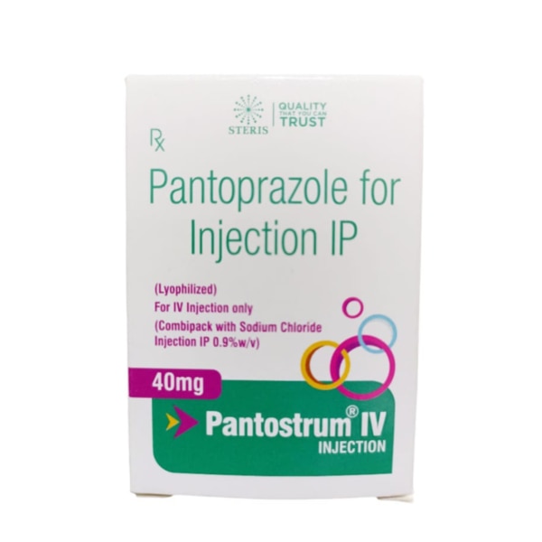 PANTOSTRUM IV INJECTION is a potent medication designed to manage acid-related disorders. This injectable formulation is particularly useful for patients who require immediate therapeutic intervention, such as those unable to take oral medications. Containing Pantoprazole (40 mg), a powerful proton pump inhibitor (PPI), PANTOSTRUM IV effectively reduces gastric acid secretion, providing relief from conditions such as gastroesophageal reflux disease (GERD) and peptic ulcers.This product is administered intravenously, ensuring rapid onset of action, which is crucial in managing acute situations where oral administration may not be feasible. Key Benefits: Rapid Relief: The intravenous formulation provides quick relief from acid-related symptoms, making it suitable for acute conditions.Effective for a Range of Conditions: PANTOSTRUM IV is beneficial for treating gastroesophageal reflux disease (GERD), peptic ulcers, and Zollinger-Ellison syndrome.Prevents Recurrent Symptoms: Regular use can help prevent the recurrence of acid-related symptoms, improving the quality of life for patients with chronic conditions.Safe for Short-Term Use: While PPIs are typically used for longer durations, this injectable form is safe for short-term management in a hospital or clinical setting.Well-Tolerated: Most patients tolerate Pantoprazole well, with a favorable safety profile compared to other PPIs. How Does It Work? PANTOSTRUM IV INJECTION contains Pantoprazole, which selectively inhibits the H+/K+ ATPase enzyme (the proton pump) located in the gastric parietal cells. By blocking this enzyme, Pantoprazole effectively reduces the secretion of gastric acid into the stomach. The decreased acid production alleviates symptoms associated with acid reflux and protects the gastric mucosa from damage due to excessive acid.The rapid onset of action provided by the intravenous route makes it especially useful for patients experiencing severe symptoms or those in critical care situations, where immediate acid suppression is necessary. Directions for Use: Administration: PANTOSTRUM IV INJECTION should be administered by a healthcare professional.Dosage: The typical adult dosage is 40 mg, administered once daily. For certain conditions, higher dosages or more frequent administration may be necessary, as determined by a physician.Infusion Method: The injection should be diluted appropriately and infused slowly over 2-15 minutes, as recommended in the prescribing information.Note: Always follow the healthcare provider’s instructions regarding dosage and duration of therapy. Side Effects: While PANTOSTRUM IV INJECTION is generally well-tolerated, some patients may experience side effects. Common side effects include:Headache: A frequent side effect, which may resolve on its own.Diarrhea: Some patients may experience gastrointestinal disturbances.Nausea/Vomiting: Mild nausea or vomiting may occur in some individuals.Dizziness: A sensation of light-headedness can occur but is usually transient.Injection Site Reactions: Pain or irritation at the injection site may happen but is generally mild.Serious Side Effects: Although rare, serious side effects may include severe allergic reactions, liver dysfunction, or kidney problems. Seek immediate medical attention if any severe symptoms occur.