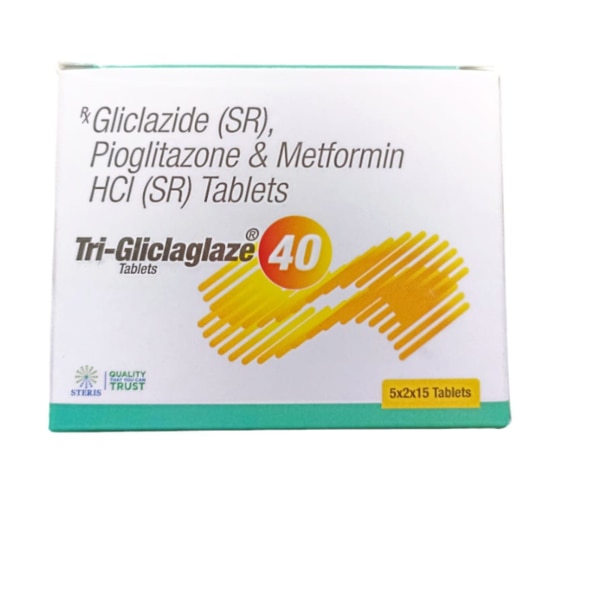 TRI-GLICLAGLAZE 40 is a powerful oral anti-diabetic medication formulated to manage Type 2 Diabetes Mellitus effectively. This combination of three potent drugs—Gliclazide, Pioglitazone, and Metformin—works synergistically to control high blood sugar levels, improve insulin sensitivity, and help patients achieve better glycemic control. TRI-GLICLAGLAZE 40 is designed for patients who struggle to manage blood glucose levels with single medications or lifestyle changes alone. It is a comprehensive solution for long-term diabetes management and reducing the risk of complications related to uncontrolled blood sugar. Key Benefits: Effective Blood Sugar Control: TRI-GLICLAGLAZE 40 helps maintain optimal blood glucose levels by targeting different aspects of diabetes management, such as stimulating insulin release, improving insulin sensitivity, and reducing glucose production.Reduces Insulin Resistance: Pioglitazone and Metformin work together to lower insulin resistance, making it easier for the body to use insulin effectively.Improves Long-Term Glycemic Control: By combining three active ingredients, this medication is particularly beneficial for those struggling with glycemic control through diet or monotherapy alone.Reduces Risk of Diabetes Complications: Controlling blood sugar levels helps prevent diabetes-related complications such as nerve damage, kidney disease, and cardiovascular problems.Supports Weight Management: Metformin, in particular, has been known to assist with weight management, which is important for patients with Type 2 Diabetes. How Does It Work? TRI-GLICLAGLAZE 40 works through a multi-faceted mechanism to lower blood glucose levels:Gliclazide stimulates the beta cells in the pancreas to release more insulin, which lowers blood sugar levels post-meal.Pioglitazone enhances the body's sensitivity to insulin by promoting glucose uptake in the muscle and fat cells while also decreasing glucose production in the liver.Metformin reduces the production of glucose in the liver and improves insulin sensitivity. It also decreases the absorption of sugar from the intestines, ensuring better blood sugar control throughout the day.This combination of ingredients targets multiple pathways involved in glucose regulation, making it an effective option for individuals with Type 2 Diabetes who require more comprehensive blood sugar control. Directions for Use: Take TRI-GLICLAGLAZE 40 exactly as prescribed by your doctor.Usually, it is taken once or twice daily with meals to minimize gastrointestinal discomfort.Swallow the tablet whole with water—do not crush or chew the tablet.Continue following your diet and exercise plan alongside the medication to achieve optimal blood sugar control.Do not skip doses, and consult your healthcare provider if you miss a dose. Side Effects: Like any medication, TRI-GLICLAGLAZE 40 may cause side effects, although not everyone experiences them. Some common and mild side effects include:Hypoglycemia (Low Blood Sugar): Due to Gliclazide’s insulin-stimulating properties, low blood sugar may occur, especially if meals are skipped or exercise is excessive.Gastrointestinal Issues: Metformin is known to cause digestive problems in some individuals, including nausea, vomiting, diarrhea, or stomach cramps.Weight Gain: Pioglitazone may cause weight gain in some users due to increased fat storage.Fluid Retention: Pioglitazone may lead to water retention, especially in patients with heart conditions, increasing the risk of heart failure.Headache and dizziness: These may occur as the body adjusts to the medication, but they are generally mild and temporary.Lactic Acidosis (rare): A serious but rare side effect of Metformin, this condition requires immediate medical attention and is characterized by muscle pain, breathing difficulties, and weakness.