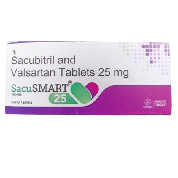 SACUSMART 25 is a potent medication used in the treatment of chronic heart failure. It combines two essential active ingredients, Sacubitril (12 mg) and Valsartan (13 mg), working synergistically to improve heart function and reduce the risk of hospitalization due to heart failure. This combination medication belongs to the class of drugs known as ARNI (Angiotensin Receptor-Neprilysin Inhibitors) and is widely prescribed to manage heart failure symptoms, enhance quality of life, and prolong survival in patients with reduced ejection fraction. Key Benefits: Improves Heart Function: SACUSMART 25 enhances the ability of the heart to pump blood more efficiently, reducing symptoms of heart failure such as breathlessness and fatigue.Reduces Hospitalization Risk: By improving heart function and preventing fluid buildup, SACUSMART 25 significantly reduces the likelihood of heart failure-related hospitalizations.Lowers Blood Pressure: The combination of Sacubitril and Valsartan effectively lowers blood pressure, which helps reduce the strain on the heart and prevent further complications.Enhances Quality of Life: By managing the symptoms of heart failure, SACUSMART 25 helps patients lead a more active and comfortable life.Long-term Survival: Studies show that the combination therapy of Sacubitril and Valsartan can improve survival rates in patients with chronic heart failure compared to traditional therapies. How Does It Work? SACUSMART 25 works by targeting two critical pathways in the regulation of blood pressure and heart function:Sacubitril’s Role: As a neprilysin inhibitor, Sacubitril prevents the breakdown of natriuretic peptides, which are proteins that promote blood vessel dilation, sodium excretion, and reduced blood pressure. This leads to a decreased workload on the heart, allowing it to function more efficiently and with less strain.Valsartan’s Role: Valsartan, as an angiotensin II receptor blocker, inhibits the action of angiotensin II, a hormone responsible for vasoconstriction (narrowing of blood vessels). By blocking this effect, Valsartan helps blood vessels remain relaxed, improving blood flow and reducing blood pressure.Together, these mechanisms improve cardiac function, reduce blood pressure, and enhance the overall cardiovascular health of patients with heart failure. Directions for Use: Dosage: SACUSMART 25 should be taken exactly as prescribed by a healthcare provider, typically once or twice daily, depending on the severity of the heart condition.Administration: The tablet should be swallowed whole with water, with or without food. It's important not to crush or chew the tablet as this could affect the release and absorption of the medication.Missed Dose: If a dose is missed, take it as soon as possible unless it is almost time for the next scheduled dose. Do not double the dose to make up for a missed one.Regular Monitoring: Patients should regularly monitor their blood pressure and kidney function, as SACUSMART 25 can lower blood pressure significantly and may affect kidney health. Side Effects: While SACUSMART 25 is generally well-tolerated, some individuals may experience side effects. It’s important to be aware of these potential reactions and consult a doctor if they occur.Common Side Effects:Low blood pressure (hypotension)Dizziness or lightheadednessElevated potassium levels (hyperkalemia)CoughFatigue