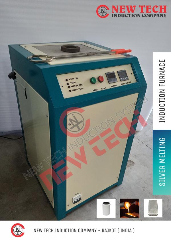 Induction Silver Melting Furnace is based on the latest and most advanced IGBT induction technology.Induction Silver Melting Furnace/Machine is extensively used in Jewellery workshop, Silver casting, Refinery, Bullion, chain making, Bangle making, Lab and Research Institute. Technical Details : Input Voltage - 415 VAC Power Supply - Three Phase Melting Material - SilverBrand - NEW TECH Technology - IGBTMax Temperature - 1150 Degree Melting Time - 6 min * Frequency - 50 HZ / 60 HZ Absorbed Power - 6 Kw Capacity of Crucible - 2 Kg Temperature Measurement - K type Cooling Water Temperature - 20 to 30 degree Water Pressure - 3 Bar Maximum Water Flow - 20 Lit/ Min Weight ( with chilling unit ) - 220 Kg Manufacturer - NEW TECH INDUCTION COMPANY