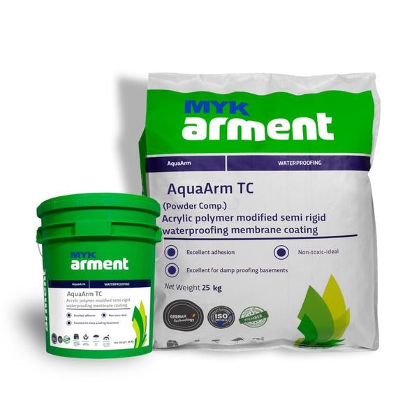 MYK Arment Waterproofing ChemicalBrand	MykUsage/Application	Waterproofing ChemicalsPackaging Size	20 KgForm	LiquidCoverage Area	1 Liter of Super Latex Will Cover 70 - 80 Squire Feet Area in 2 Coats For a Proportion mixShelf Life	24 MonthDry Solid Content	In %=48 +/- 1Color	White EmulsionSpecific Gravity	- 1.03 +/- 0.02Nature	Styrene Butadiene Rubber PolymerMinimum Order Quantity	20 PackWe are one of the foremost firms of MYK Arment Waterproofing Chemical. Besides, we present this product at nominal rates to our customers.Product Description:AquaArm Bond Latex is a SBR based liquid for high performance applications in waterproofing and repairs.Uses:As a bonding agent for the followingPlaster to plasterConcrete to concretePlaster over brick masonryAs a additive for waterproof plasterTo repair Plaster cracks more than 5 mmAs a coating for prevention of corrosion in rebars Mixed with cementsFeatures and Benefits:Excellent Coverage -70-80 sqft per litre / in 2 coats, hence economicalLess material wastage- material does not fall back /rebound, when used as bonding agentHigh Bond StrengthPrevents leakage & dampnessEnhances strength of a repair mortar & provides durabilityApplication Method:Surface Preparation:Surface for treatments must be thoroughly cleaned of all laitance, loose material, oils, grease, etc.Mechanical means such as wire brushing, shot blasting can be used and finally vacuum cleaned of all loose solids and liquids.Before application ensure that the surface is damp with water but in a touch dry condition.As Bonding Agent:Plaster to plaster•Concrete to concrete•For plaster over brick masonry Mixing ratio:(AquaArm Bond Latex: water: cement): 1:4:7)As waterproof repair plaster:Method of Application:Mix 1 litre of AquaArm Bond Latex with pre-measured water for 50 liter of cement.Use this mix to add to the recommended dry plaster mixesPlaster mixes may be as rich as 1:3 (cement: sand)Keep water-cement ratio in Plaster as low as 0.4 but not more than 0.45For better application apply a bond coat with AquaArm Bond Latex as suggested earlier2nd and final layer of plaster must not be mixed with AquaArm Bond LatexTake care to scratch-key the 1st coat surface for mechanical key and effective bond with the 2nd coatHealth & SafetyStrictly do not dilute beyond recommendationTo be applied over damp substrate but in a dry to touch stateNot suggested for use in very critical concrete repairsWaterproof coats with AquaArm Bond Latex must be protected with screeds/plastersWhen applying as a bond coat, if it becomes dry, re-apply to reach a tacky state for overlay of concrete or mortar2nd coat of plaster with AquaArm Bond Latex may cause a problem in external painting of the surface