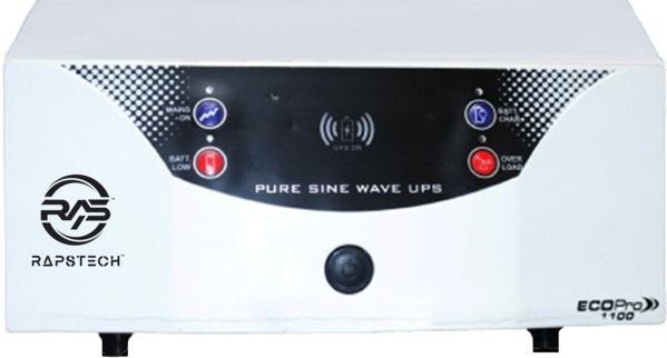 RAPSTECH Home Inverter EcoPro1100 VA Provides Continuous power to your Home, Office & Shops..!Features:^ Advanced Hybrid Controller Based MOSFET PWM PURE SINE WAVE UPS.^ 15 KHZ Switching Frequency helps your equipments to run without any noise^ Intelligent Charger for Smart Battery Management.^ Fast Change Over ensures compatibility with computers ( <15ms).^ Regulated Output Voltage and Frequency for a smooth and quiet operation of AC Motor^ and Inductive Loads unlike the irritating noise that comes from Modified Sine Wave Systems.^ Equipped with Bypass Switch to avoid any problem during UPS failure (1kVA and above).^ Smart Overload and Short Circuit Protection with 5 times Auto Re-tries.^ SMD Based PCB Boards offers higher efficiency than other conventional Boards and totally^ eliminate chances of human errors while manufacturing.^ In built Thermal Management.^ Easy monitoring of all the status of UPS through Graphical LED Displays like^ Mains ON / Charging ON / UPS ON / Low Battery / Over Load