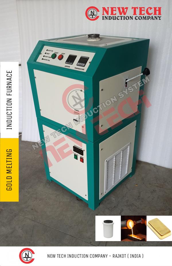 Induction Gold Melting Furnace is based on the latest and most advanced IGBT induction technology.Induction Gold Melting Furnace/Machine is extensively used in Jewellery workshop, Jewellery showroom, Gold casting, Gold refining, Refinery, Bullion, chain making, Bangle making, Retail showrooms, Lab and Research Institute. Technical Details : Input Voltage - 230 VAC Power Supply - Single Phase Melting Material - Gold Brand - NEW TECH Technology - IGBTMax Temperature - 1150 Degree Melting Time - 10 min * Frequency - 50 HZ / 60 HZ Absorbed Power - 3.5 Kw Capacity of Crucible - 1 kg Temperature Measurement - K type Cooling Water Temperature - 20 to 30 degree Water Pressure - 1 Bar Maximum Water Flow - 20 Lit/ Min Weight ( with chilling unit ) - 120 Kg Manufacturer - NEW TECH INDUCTION COMPANY