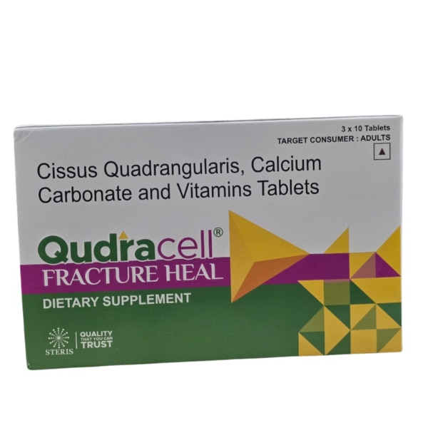 QUDRACELL FRACTURE HEAL is a specialized formulation designed to support bone health and accelerate fracture healing. Made with natural and scientifically-backed ingredients such as Cissus Quadrangularis, Calcium Carbonate, and essential vitamins, this product promotes faster recovery, helps strengthen bones, and enhances overall skeletal health. Ideal for individuals recovering from fractures or those looking to maintain optimal bone density, QUDRACELL FRACTURE HEAL combines the best of nature and science for comprehensive bone care. Key Benefits: Supports Bone Healing: Cissus Quadrangularis aids in faster bone repair, making it beneficial for individuals recovering from fractures or bone injuries.Enhances Bone Density: With a rich supply of Calcium Carbonate, this supplement helps enhance bone density, reducing the risk of osteoporosis and fractures in the future.Boosts Calcium Absorption: Essential vitamins, including Vitamin D, play a pivotal role in calcium absorption, ensuring the body efficiently uses calcium for bone health.Promotes Overall Skeletal Health: Regular intake supports not only bone strength but also joint flexibility and resilience, making it an excellent choice for long-term bone care. How Does It Work? The combination of Cissus Quadrangularis, Calcium Carbonate, and vitamins works by delivering essential nutrients to the body that support bone regeneration and health. Cissus Quadrangularis promotes cellular regeneration, which is essential in the early stages of fracture healing. Calcium Carbonate acts as the primary mineral needed to strengthen bones, while the added vitamins, particularly Vitamin D and Vitamin K, enhance calcium absorption and deposition in the bones, creating a more resilient skeletal structure. Directions for Use: Dosage: Take one tablet twice daily, or as directed by a healthcare professional.Administration: Swallow the tablet with a glass of water, preferably after meals, to aid in optimal nutrient absorption. Side Effects: While QUDRACELL FRACTURE HEAL is formulated with natural ingredients and is generally well-tolerated, some individuals may experience mild side effects such as:Gastrointestinal Discomfort: Calcium may cause minor bloating or constipation in some individuals.Allergic Reactions: Rarely, individuals may experience allergic reactions to Cissus Quadrangularis or other ingredients. Discontinue use and consult a healthcare provider if any adverse reactions occur.