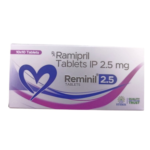 REMINIL 2.5 is a trusted medication designed to manage high blood pressure and reduce the risk of heart-related complications. Its active ingredient, Ramipril (2.5 mg), belongs to a class of drugs known as ACE inhibitors. By helping to relax blood vessels, REMINIL 2.5 plays a crucial role in promoting heart health and improving overall circulation. This medication is ideal for patients who require effective blood pressure control and want to safeguard their cardiovascular health. Key Benefits: Effective Blood Pressure Control: REMINIL 2.5 helps lower high blood pressure, reducing the risk of heart attack and stroke.Cardiovascular Protection: By improving blood flow and decreasing the heart's workload, this medication aids in protecting against heart-related complications.Kidney Health Support: Ramipril has been shown to be beneficial for kidney function, particularly in patients with diabetes or chronic kidney disease.Improved Quality of Life: By managing hypertension effectively, REMINIL 2.5 contributes to an improved overall quality of life for patients, allowing them to engage in daily activities without concern for their cardiovascular health. How Does It Work? REMINIL 2.5 works by inhibiting the action of the angiotensin-converting enzyme (ACE), which plays a key role in the body’s renin-angiotensin-aldosterone system (RAAS). By blocking ACE, Ramipril prevents the formation of angiotensin II, a hormone that constricts blood vessels. The result is:Vasodilation: Blood vessels relax and widen, which decreases resistance and lowers blood pressure.Reduced Fluid Retention: By decreasing the secretion of aldosterone, REMINIL 2.5 helps reduce sodium and fluid retention, further assisting in blood pressure control.This mechanism not only lowers blood pressure but also protects the heart and kidneys from damage caused by high blood pressure. Directions for Use: Dosage: The recommended starting dose for adults is typically 2.5 mg once daily, but the dosage may be adjusted based on individual response and medical advice.Administration: Take REMINIL 2.5 orally with a full glass of water. It can be taken with or without food, but consistency in how you take it is essential for maintaining even levels in your bloodstream.Follow-up: Regular check-ups with your healthcare provider are crucial to monitor blood pressure and adjust the dosage if necessary. Side Effects: While REMINIL 2.5 is generally well-tolerated, some individuals may experience side effects. Common side effects include:Dizziness or lightheadedness: This may occur, particularly after the first dose or when increasing the dosage.Cough: A persistent dry cough is a known side effect of ACE inhibitors.Fatigue: Some patients may feel unusually tired.