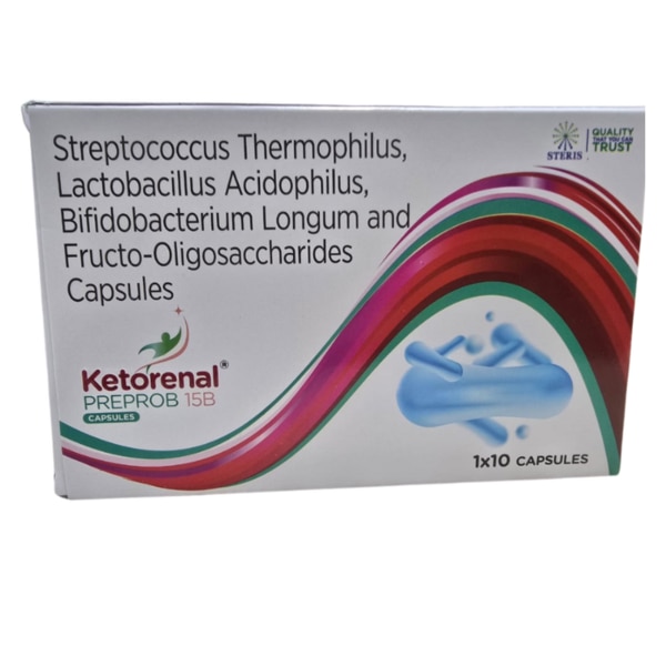 KETORENAL PREPROB 15B is a probiotic supplement designed to support digestive health and enhance gut flora balance. Packed with beneficial probiotics such as Streptococcus Thermophilus, Lactobacillus Acidophilus, Bifidobacterium Longum, and Fructo-Oligosaccharides (FOS), this formula helps improve gut health, supports the immune system, and promotes optimal digestion. Ideal for individuals dealing with digestive discomfort or those seeking to boost their immune health, KETORENAL PREPROB 15B offers a convenient way to maintain a healthy digestive system. Key Benefits: Supports Digestive Health: KETORENAL PREPROB 15B promotes a healthy balance of gut bacteria, which can improve digestion, alleviate symptoms of bloating, and reduce gastrointestinal discomfort.Boosts Immune System: Probiotics like Lactobacillus Acidophilus and Bifidobacterium Longum help stimulate the body’s natural immune defenses, offering better protection against infections.Enhances Nutrient Absorption: With a healthier gut flora, your body can better absorb nutrients from food, leading to improved overall health.Improves Lactose Digestion: Streptococcus Thermophilus aids in breaking down lactose, making it a beneficial ingredient for individuals with lactose intolerance.Prebiotic-Powered Probiotic Formula: Fructo-Oligosaccharides (FOS) act as a food source for probiotics, enhancing their effectiveness in supporting gut health and providing sustained digestive support.Relieves IBS Symptoms: The combination of probiotics in this formula helps to alleviate common IBS symptoms such as bloating, constipation, and discomfort. How Does It Work? KETORENAL PREPROB 15B works by delivering a combination of probiotics and prebiotics to the digestive tract.Probiotic Action: Streptococcus Thermophilus, Lactobacillus Acidophilus, and Bifidobacterium Longum are probiotics that colonize the gut and help maintain a balance between good and bad bacteria. This balance is crucial for optimal digestive function, immune health, and nutrient absorption.Prebiotic Support: Fructo-Oligosaccharides (FOS) serves as a prebiotic, feeding the beneficial bacteria and promoting their growth. This prebiotic effect helps ensure that the probiotics can thrive, providing long-lasting benefits for gut health.Lactose Breakdown: The Streptococcus Thermophilus present in the formula assists in breaking down lactose, which can reduce symptoms of lactose intolerance and help those who struggle with digesting dairy.By delivering this synergistic blend of probiotics and prebiotics, KETORENAL PREPROB 15B supports gut flora balance, enhances immune defenses, and improves digestive health. Directions for Use: Dosage: Take one capsule daily, or as directed by a healthcare provider.Timing: It’s best to take KETORENAL PREPROB 15B with or immediately after a meal to maximize its effectiveness.Administration: Swallow the capsule whole with a glass of water. Do not crush or chew the capsule.Consistency: For best results, take the supplement consistently at the same time each day.Storage: Store in a cool, dry place, away from direct sunlight. Avoid storing in areas of high humidity or heat. Side Effects: KETORENAL PREPROB 15B is generally well-tolerated. However, some users may experience mild side effects as their body adjusts to the supplement:Mild Digestive Discomfort: Temporary bloating, gas, or mild stomach discomfort may occur during the initial days of use as the gut adapts to the new probiotic balance.Allergic Reactions: In rare cases, individuals may experience an allergic reaction, which may manifest as itching, rash, or swelling. Discontinue use if you notice any allergic symptoms and consult a healthcare provider.