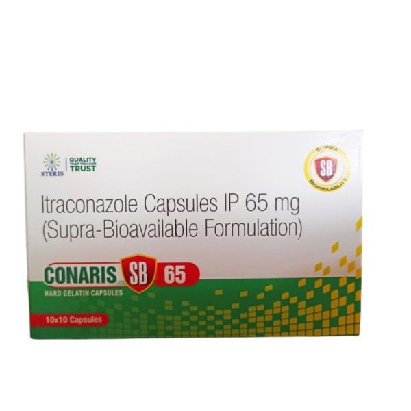 CONARIS SB 65 is a powerful antifungal medication specifically formulated to treat a variety of fungal infections. With its active ingredient, Itraconazole (65 mg), this medication is effective against both superficial and systemic fungal infections, providing comprehensive relief for individuals suffering from these conditions. Whether you're dealing with skin infections, nail infections, or more severe systemic issues, CONARIS SB 65 is designed to help restore your health and well-being. Key Benefits: Broad-Spectrum Antifungal Activity: CONARIS SB 65 effectively targets various fungi, including those responsible for conditions like athlete's foot, ringworm, and nail fungus.Fast-Acting Formula: The formulation is designed to provide rapid relief from symptoms, helping to alleviate itching, redness, and discomfort associated with fungal infections.Systemic Treatment: In addition to treating superficial infections, Itraconazole can penetrate deep tissues, making CONARIS SB 65 suitable for systemic fungal infections.Well-Tolerated: Many patients tolerate CONARIS SB 65 well, with a low incidence of side effects, allowing for effective treatment without significant discomfort.Convenient Dosage Form: The formulation is easy to take, making it suitable for patients of all ages who require antifungal treatment. How Does It Work? Itraconazole works by inhibiting an enzyme called lanosterol 14-alpha demethylase, which is crucial for the conversion of lanosterol to ergosterol in fungal cell membranes. Ergosterol is essential for maintaining the integrity and fluidity of fungal cell membranes. By disrupting ergosterol synthesis, Itraconazole compromises the fungal cell membrane, leading to cell death and effectively clearing the infection. This mechanism makes CONARIS SB 65 an effective choice for treating both superficial and systemic fungal infections. Directions for Use: Dosage: The recommended dosage of CONARIS SB 65 is one capsule (65 mg of Itraconazole) taken orally, once a day, or as directed by a healthcare professional.Administration: It is advisable to take the capsule with a full glass of water, preferably after a meal to enhance absorption.Duration of Treatment: Treatment duration may vary depending on the type and severity of the infection. It is essential to complete the full course as prescribed, even if symptoms improve, to prevent recurrence.Consult Your Doctor: Always consult a healthcare professional for personalized dosing instructions based on your medical history and specific condition. Side Effects: While CONARIS SB 65 is generally well-tolerated, some individuals may experience side effects. Common side effects include:Nausea: Mild stomach upset or nausea may occur, particularly when the medication is taken on an empty stomach.Headache: Some users may report mild headaches during treatment.Dizziness: Occasionally, patients may experience dizziness or lightheadedness.Liver Function: In rare cases, Itraconazole may affect liver function. Regular monitoring through blood tests may be necessary, especially in patients with pre-existing liver conditions.