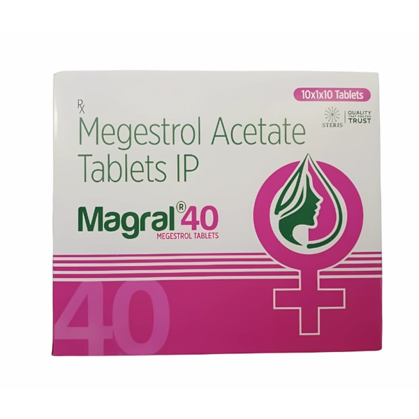 MAGRAL 40 is a specialized formulation containing Megestrol Acetate (40 mg), a synthetic progestin commonly used to help manage symptoms associated with certain medical conditions, including appetite loss and specific types of cancer. Megestrol Acetate is known for its appetite-stimulating properties, making MAGRAL 40 beneficial for patients experiencing weight loss due to chronic illness. This medication works by influencing certain hormones and pathways in the body to provide therapeutic effects that improve quality of life. Key Benefits: Appetite Stimulation: One of the primary benefits of MAGRAL 40 is its ability to increase appetite, helping patients regain lost weight and improve nutritional intake.Management of Cancer Symptoms: Megestrol Acetate can help alleviate certain symptoms in hormone-responsive cancers, offering supportive care for patients managing breast or endometrial cancer.Support in Chronic Illness: For patients experiencing cachexia or wasting associated with illnesses such as AIDS, MAGRAL 40 can provide relief by promoting weight gain and improving energy levels.Hormone Regulation: As a progestin, Megestrol Acetate also influences hormone levels in the body, which can help in managing symptoms in specific medical conditions. How Does It Work? MAGRAL 40 works primarily by mimicking the effects of the natural hormone progesterone. Megestrol Acetate interacts with certain hormone receptors in the body, affecting the hypothalamus and other regulatory systems to stimulate appetite and weight gain. This action is particularly beneficial in patients experiencing involuntary weight loss. Additionally, by affecting hormone levels, MAGRAL 40 helps slow the growth of hormone-sensitive cancers, such as breast and endometrial cancers, providing relief from symptoms and aiding in disease management. Directions for Use: Recommended Dosage: Take MAGRAL 40 exactly as prescribed by your healthcare provider. Dosage varies based on individual needs and medical condition.Administration: Swallow the tablet with water. It can be taken with or without food, though consistency is recommended for optimal absorption.Timing: Follow your healthcare provider’s instructions on frequency and duration. Typically, it is taken once daily or as advised.Missed Dose: If you miss a dose, take it as soon as you remember. If it’s close to your next dose, skip the missed dose and resume your regular schedule. Avoid doubling up on doses.Storage: Store MAGRAL 40 in a cool, dry place away from direct sunlight and moisture. Keep out of reach of children. Side Effects: While MAGRAL 40 is generally well-tolerated, some users may experience side effects, including:Weight Gain: As an appetite stimulant, it is common to experience an increase in body weight.Nausea and Vomiting: Mild gastrointestinal discomfort may occur, especially at the beginning of treatment.Mood Changes: Some patients may experience mild mood swings or changes in mental alertness.Fatigue: Fatigue or tiredness may be noted, especially with long-term use.Hormonal Side Effects: In rare cases, changes in menstrual cycles or other hormone-related effects may occur.