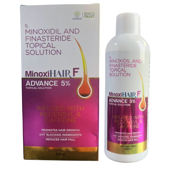 MINOXIHAIR F ADVANCE 5% is a clinically proven topical solution designed to combat hair loss and stimulate hair regrowth. It combines two highly effective ingredients, Minoxidil (5% w/v) and Finasteride (0.1% w/v), to promote stronger, healthier hair. Whether you're dealing with male or female pattern baldness, this advanced formulation helps restore hair density and provides visible results when used consistently. Key Benefits of MINOXIHAIR F ADVANCE 5%: Promotes Hair Regrowth: The combination of Minoxidil and Finasteride stimulates the hair follicles, leading to noticeable hair regrowth over time.Reduces Hair Loss: By inhibiting the production of DHT, Finasteride reduces the chances of hair loss, especially in individuals with pattern baldness.Increases Hair Thickness: Minoxidil promotes thicker and denser hair by revitalizing dormant hair follicles.Improves Scalp Health: Minoxidil’s vasodilatory effects enhance blood circulation in the scalp, which nourishes hair follicles and promotes healthier hair growth.Dual Action Formula: With the combined power of Minoxidil and Finasteride, this product addresses both the cause and symptoms of hair loss for comprehensive results. How Does MINOXIHAIR F ADVANCE 5% Work? MINOXIHAIR F ADVANCE 5% works through a dual-action mechanism. Minoxidil stimulates hair follicles directly by increasing blood flow to the scalp and prolonging the growth phase of hair. It also helps to increase the size of hair follicles, resulting in thicker hair strands.Finasteride works internally by inhibiting the enzyme 5-alpha-reductase, which converts testosterone into DHT. By lowering DHT levels in the scalp, Finasteride prevents hair follicles from shrinking, which is the leading cause of pattern baldness. This dual action makes MINOXIHAIR F ADVANCE 5% highly effective in treating hair loss and improving hair density. Directions for Use: Clean and Dry the Scalp: Wash your scalp with a mild shampoo and dry it completely before application.Apply the Solution: Using the provided dropper, apply MINOXIHAIR F ADVANCE 5% directly to the affected areas of the scalp. Typically, 1ml of the solution should be applied twice a day (morning and night) to clean, dry hair.Massage Gently: Gently massage the solution into the scalp to ensure even distribution.Allow to Dry: Let the solution dry completely before styling your hair or wearing headgear.Consistency is Key: For optimal results, use the solution consistently and regularly for several months. It may take at least 4-6 months to begin seeing noticeable results. Side Effects: MINOXIHAIR F ADVANCE 5% is generally well-tolerated; however, like any medication, it may cause side effects in some individuals. Common side effects include:Scalp Irritation: Some users may experience dryness, itching, or flaking at the application site.Dizziness or Lightheadedness: Though rare, some individuals may feel lightheaded or dizzy when standing up quickly.Unwanted Facial Hair Growth: In women, Minoxidil may cause unwanted hair growth on the face or hands if the product comes into contact with these areas.Decrease in Libido: Finasteride can occasionally cause a decrease in sexual desire or performance.Chest Pain or Palpitations: Some users may experience a mild sensation of chest tightness or heart palpitations, though these symptoms are uncommon.Allergic Reactions: Signs of an allergic reaction, such as swelling, rash, or difficulty breathing, require immediate medical attention.